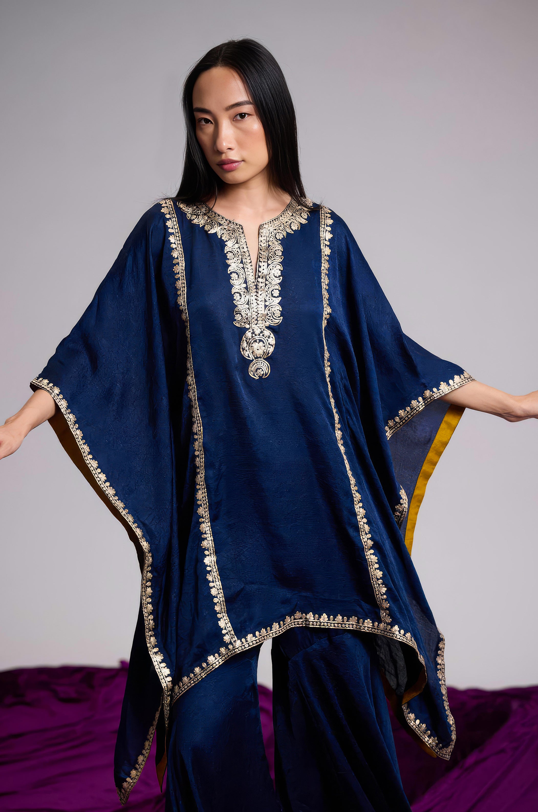 Navy Blue Embellished Premium Silk Kaftan Set