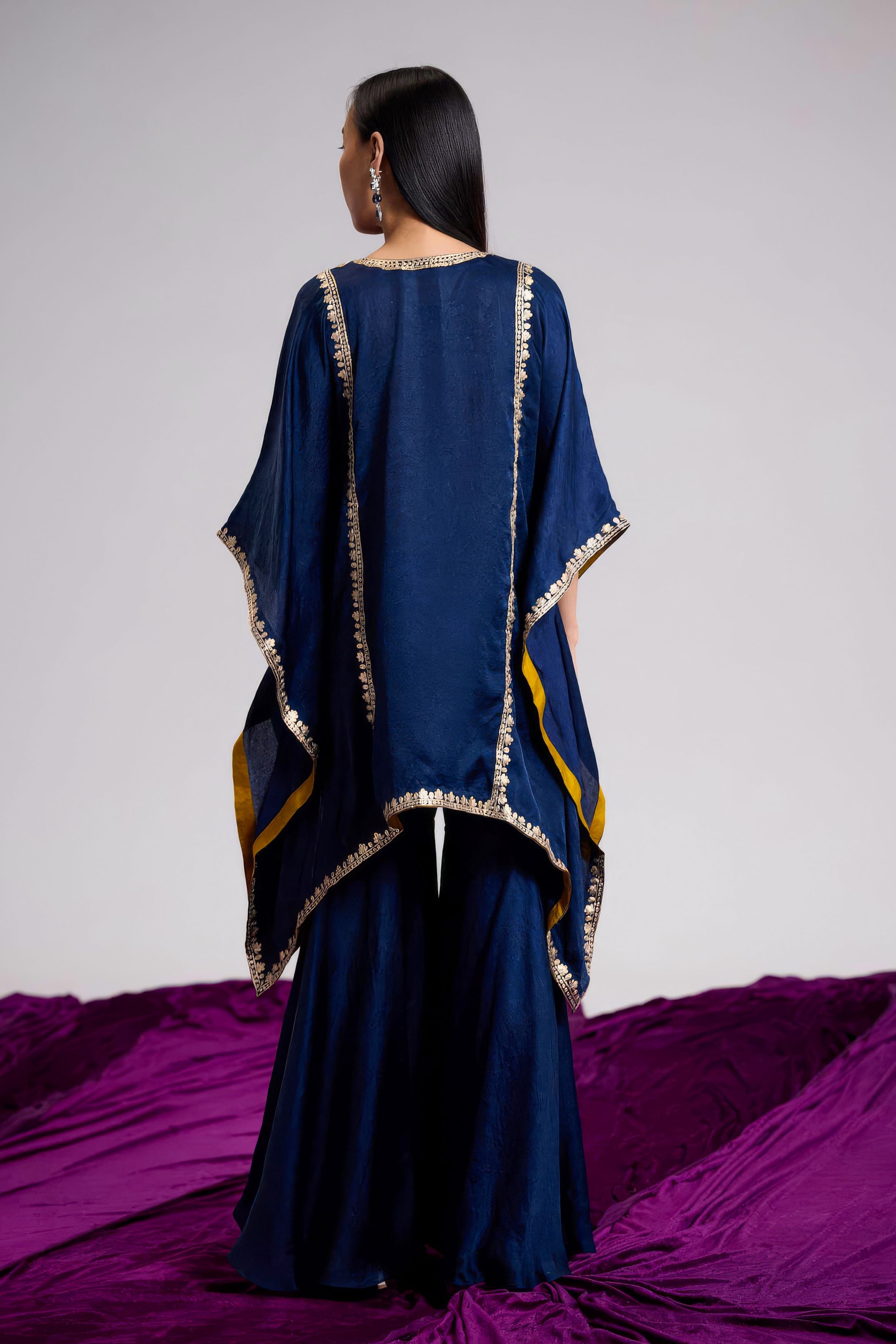 Navy Blue Embellished Premium Silk Kaftan Set