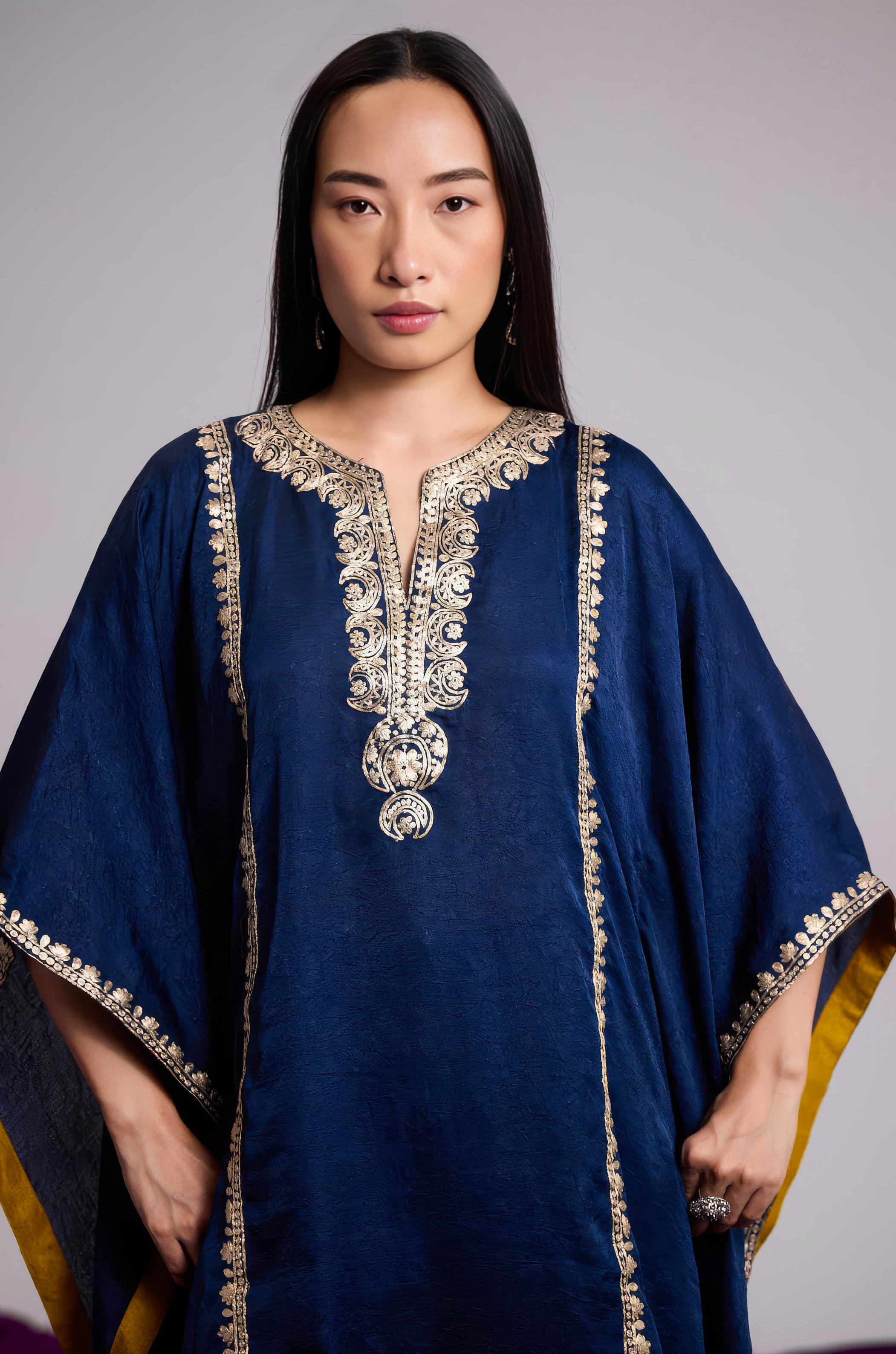 Navy Blue Embellished Premium Silk Kaftan Set