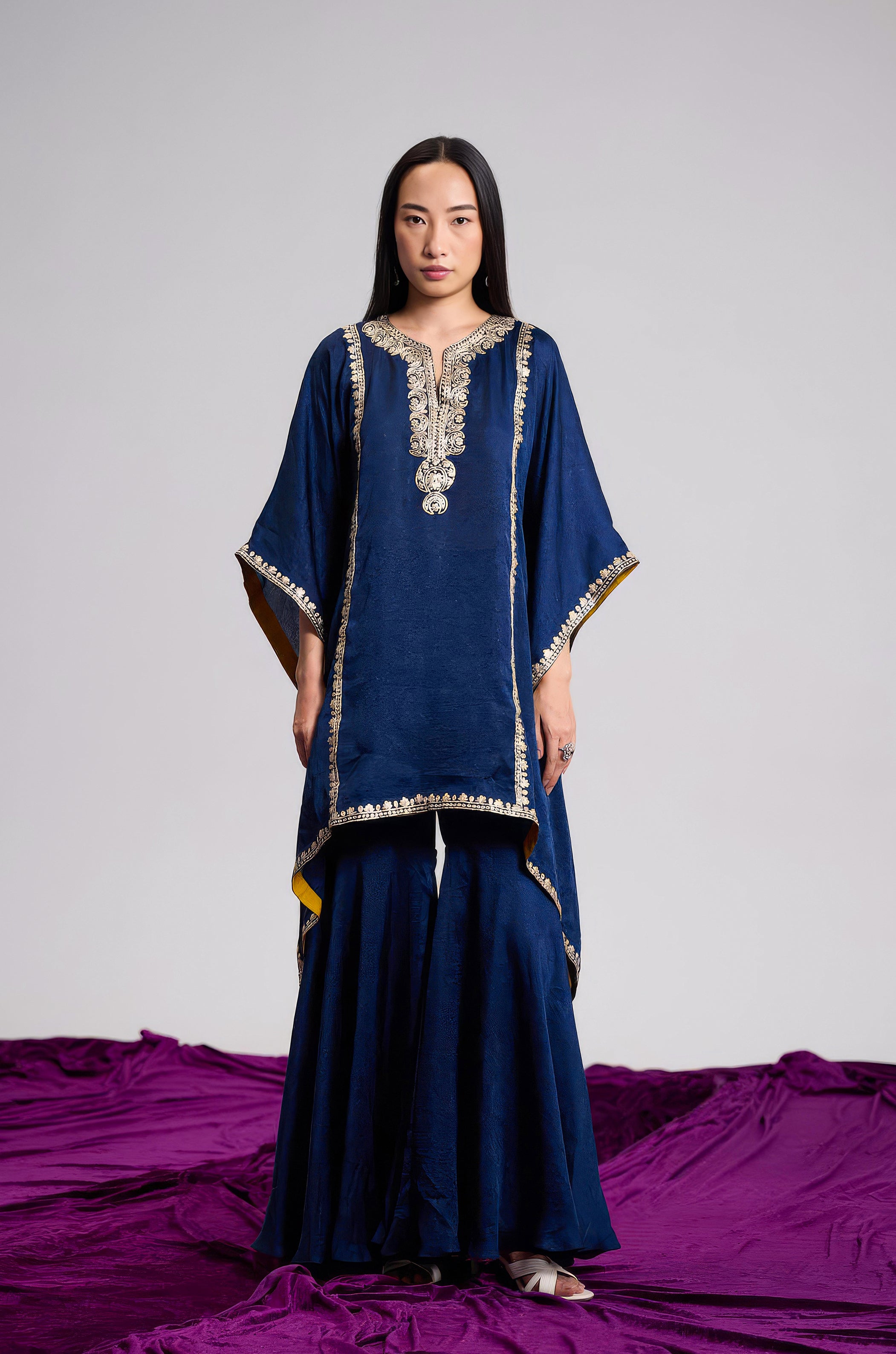 Navy Blue Embellished Premium Silk Kaftan Set