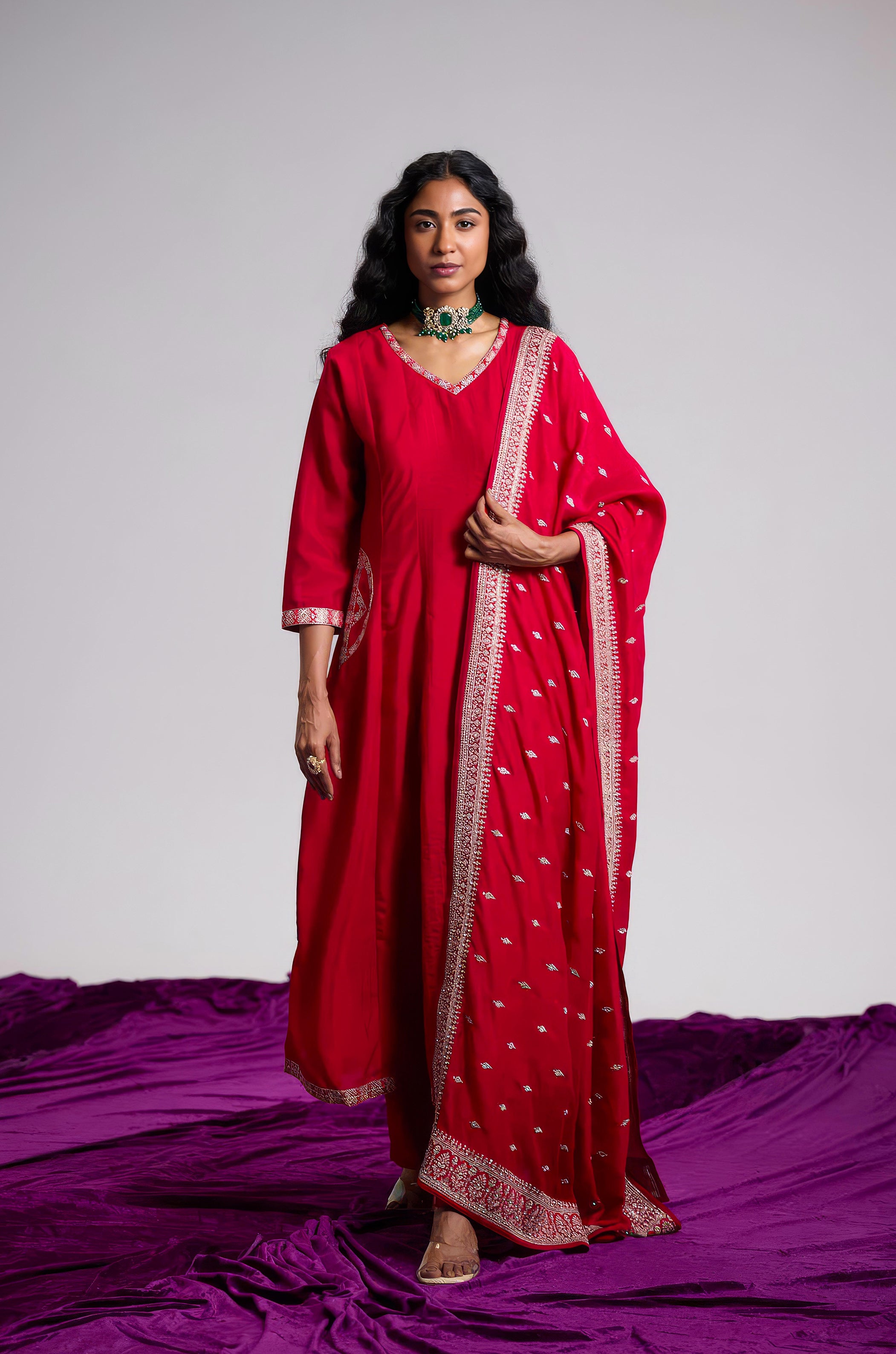 Magenta Rose Embellished Chinon Silk Pant Set