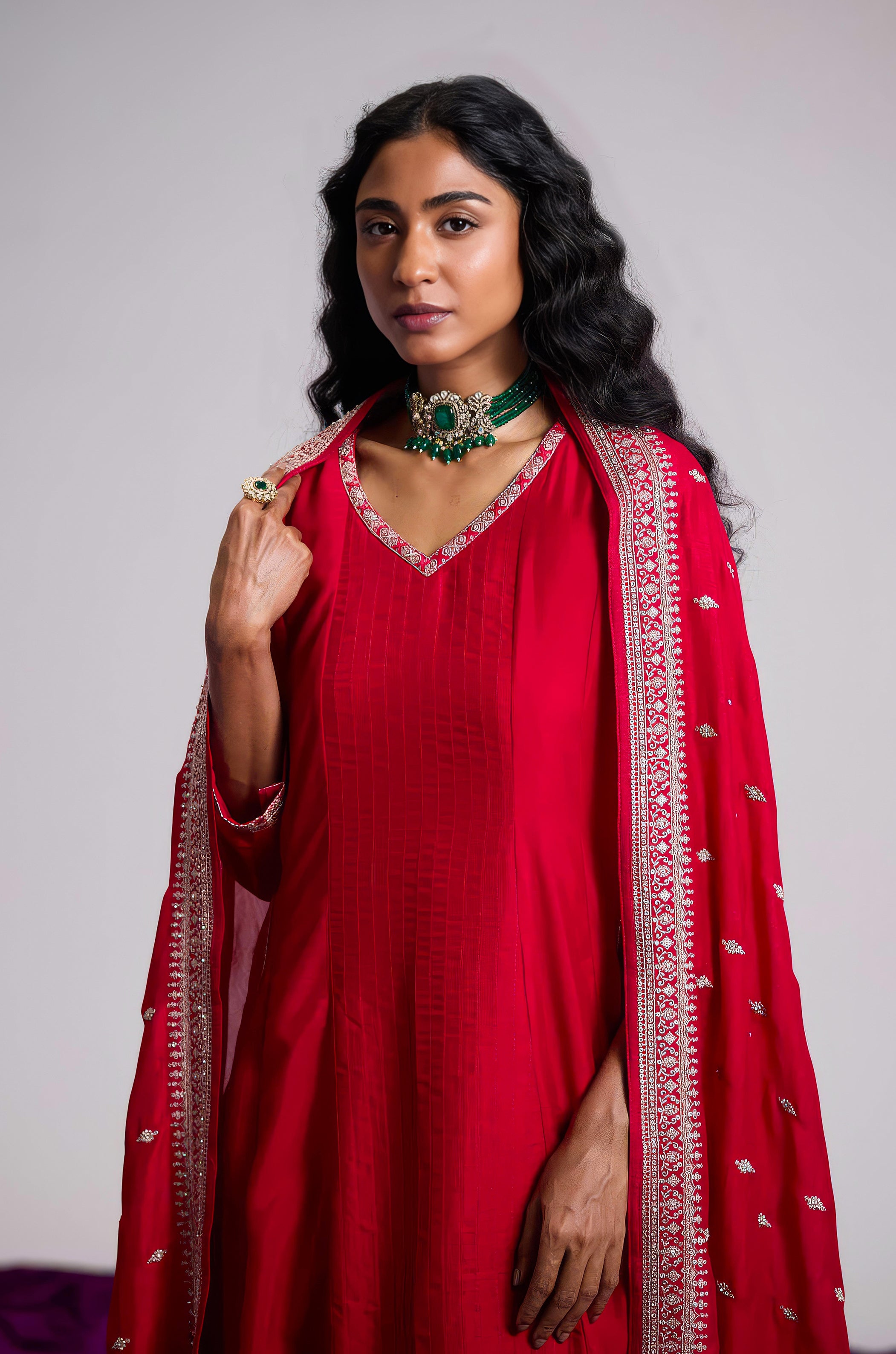 Magenta Rose Embellished Chinon Silk Pant Set