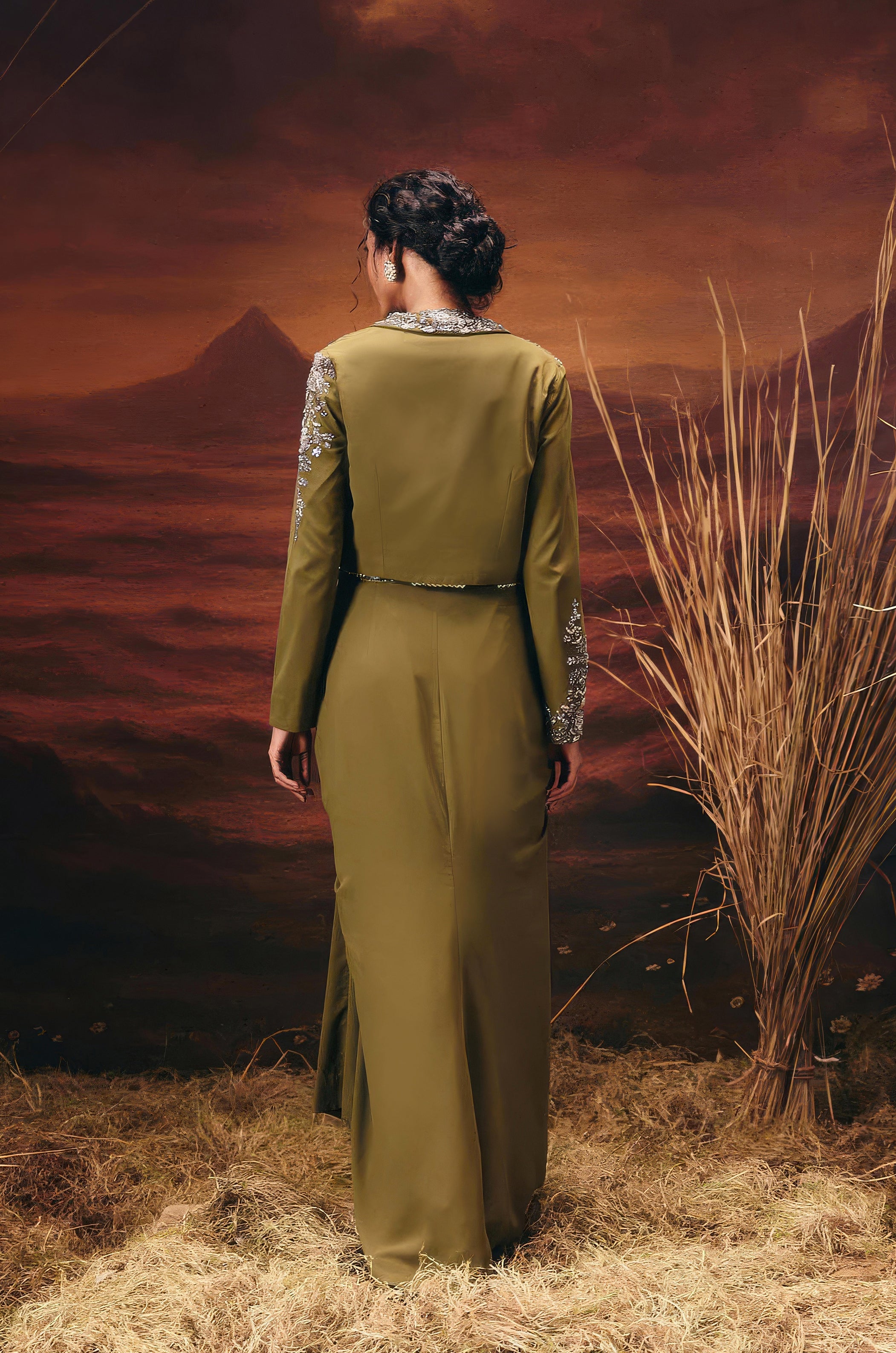 Olive Green Embellished Georgette Silk Skirt Set