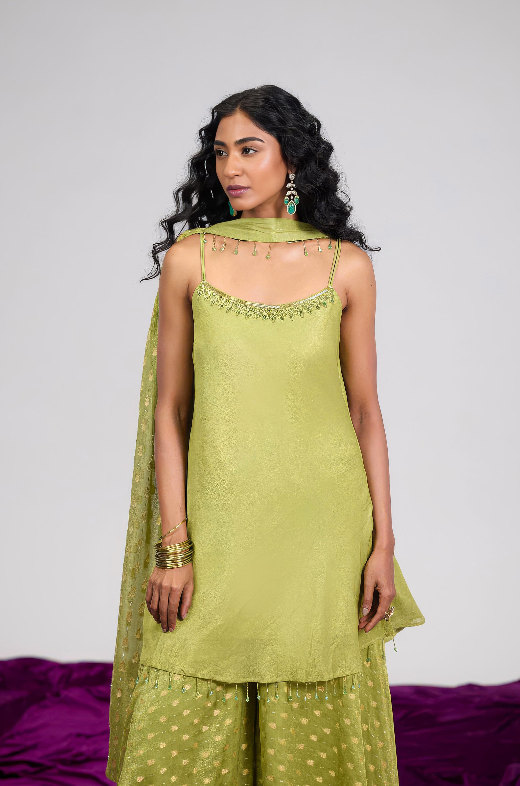 Pear Green Embellished Shimmer Tissue Silk Palazzo Set