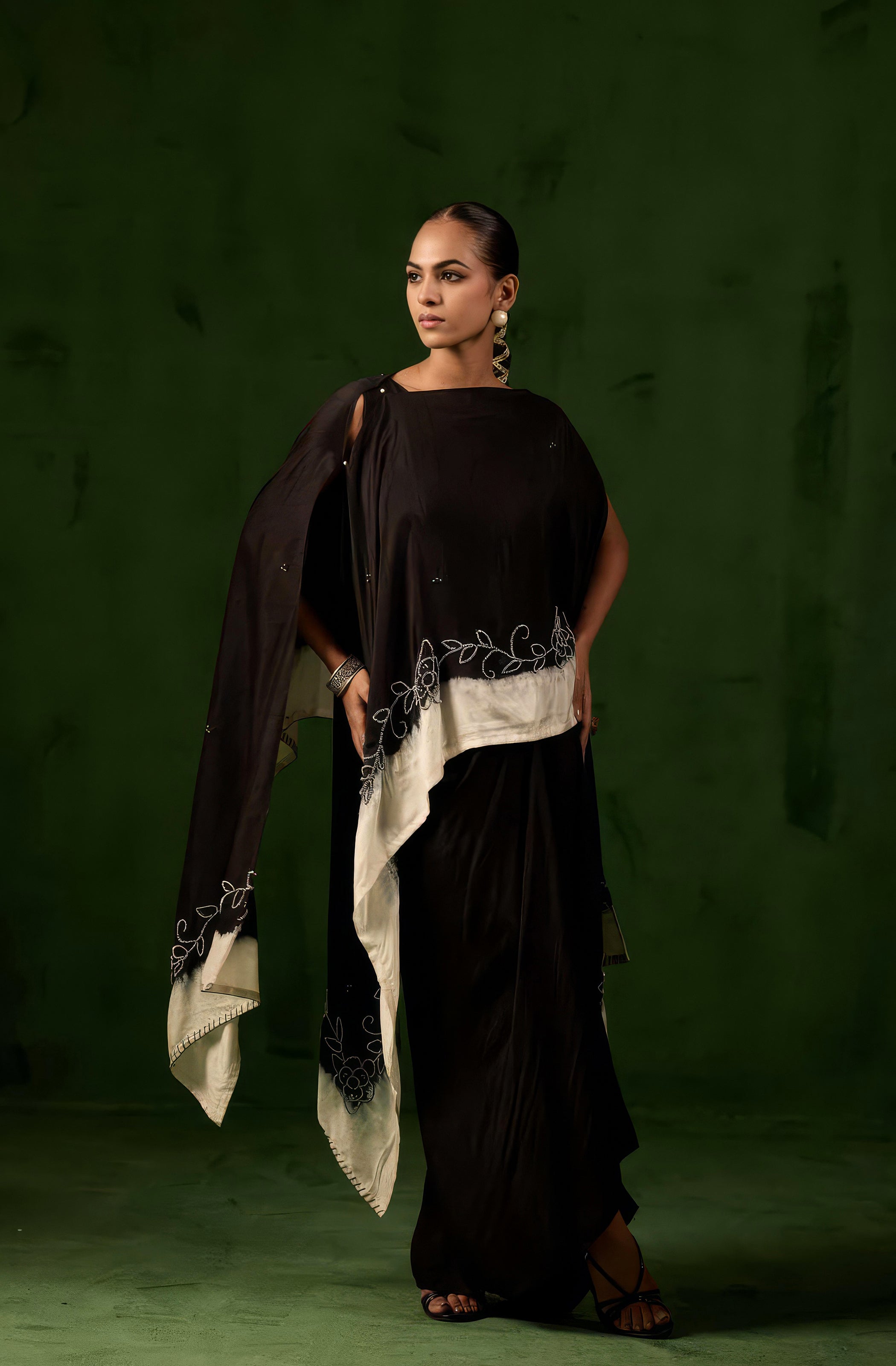 Classic Black Embellished Raw Silk Gown