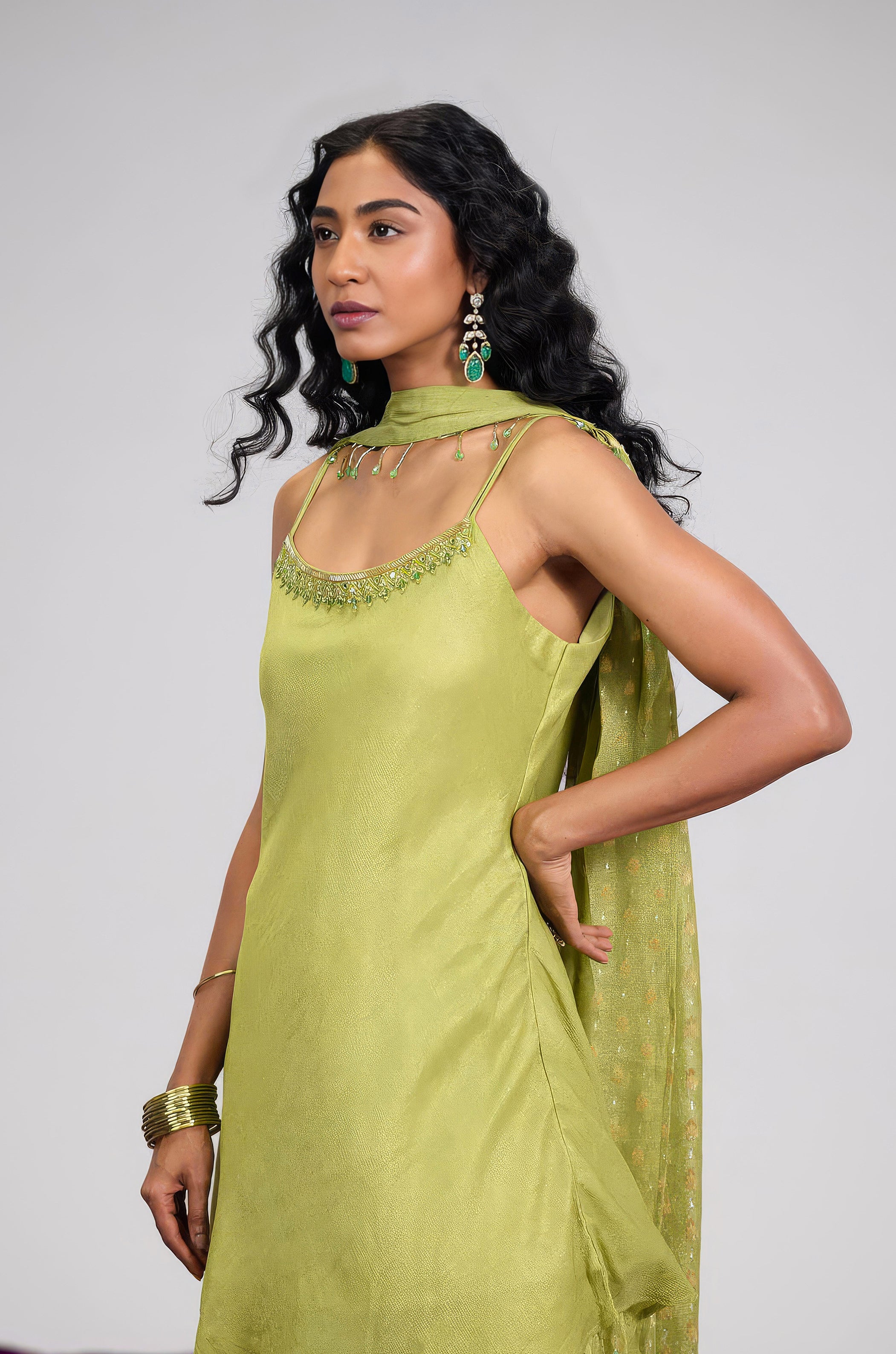 Pear Green Embellished Shimmer Tissue Silk Palazzo Set