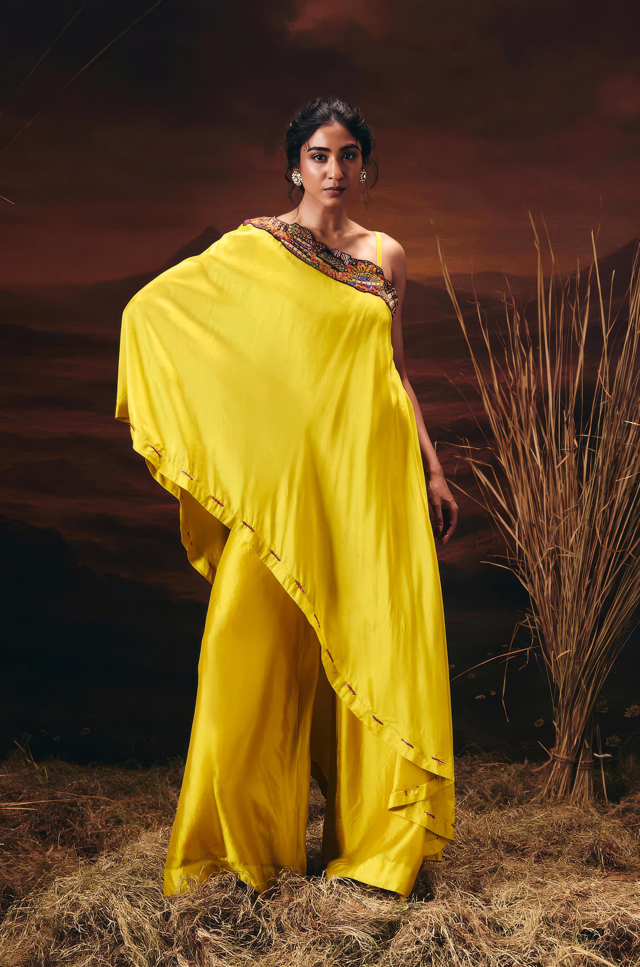 Canary Yellow Embellished Chinon Silk Tunic Set