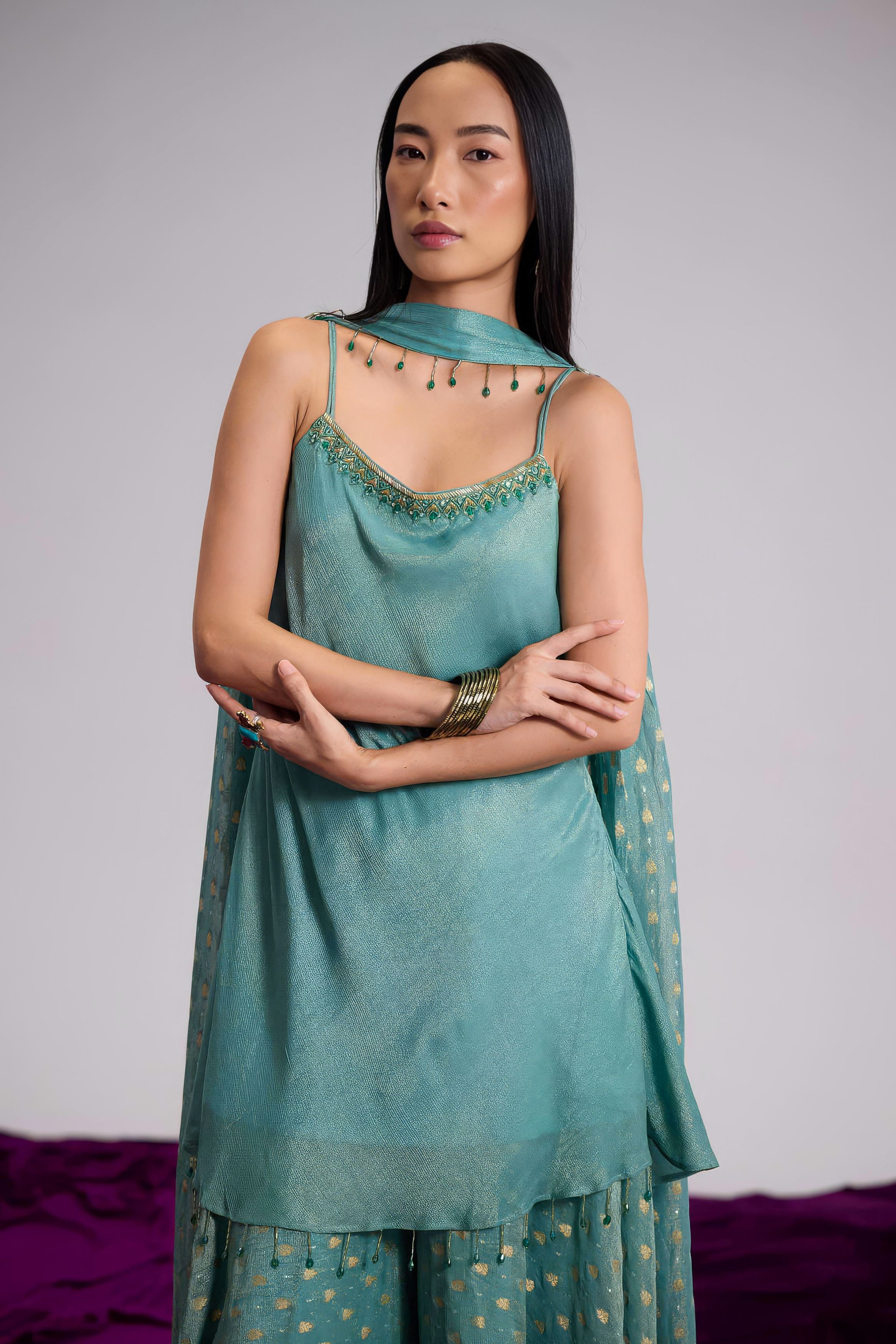 Teal Blue Embellished Shimmer Tissue Silk Palazzo Set