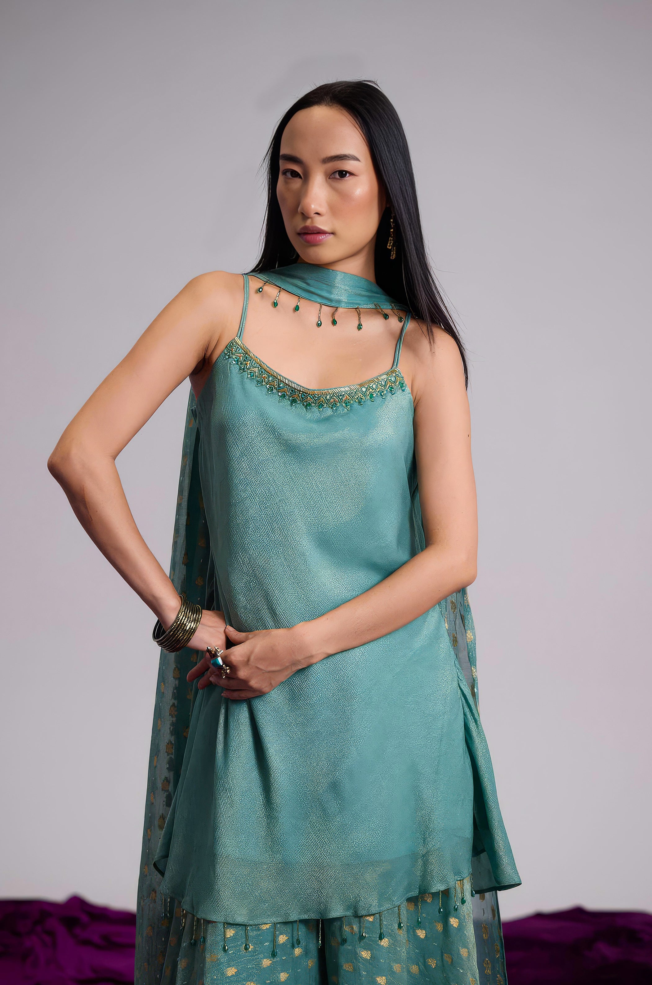 Teal Blue Embellished Shimmer Tissue Silk Palazzo Set