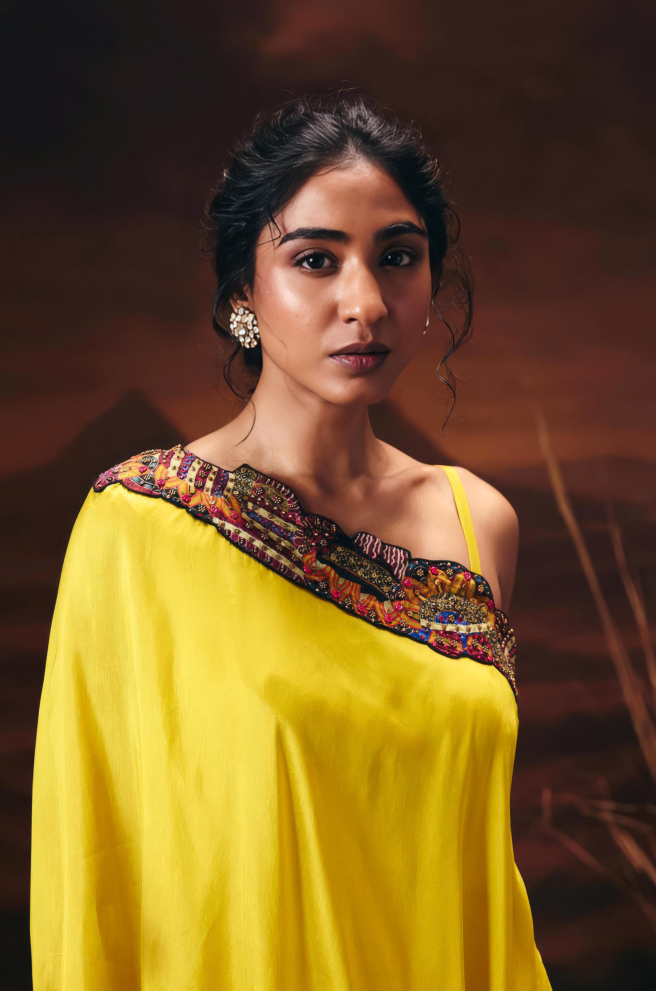 Canary Yellow Embellished Chinon Silk Tunic Set