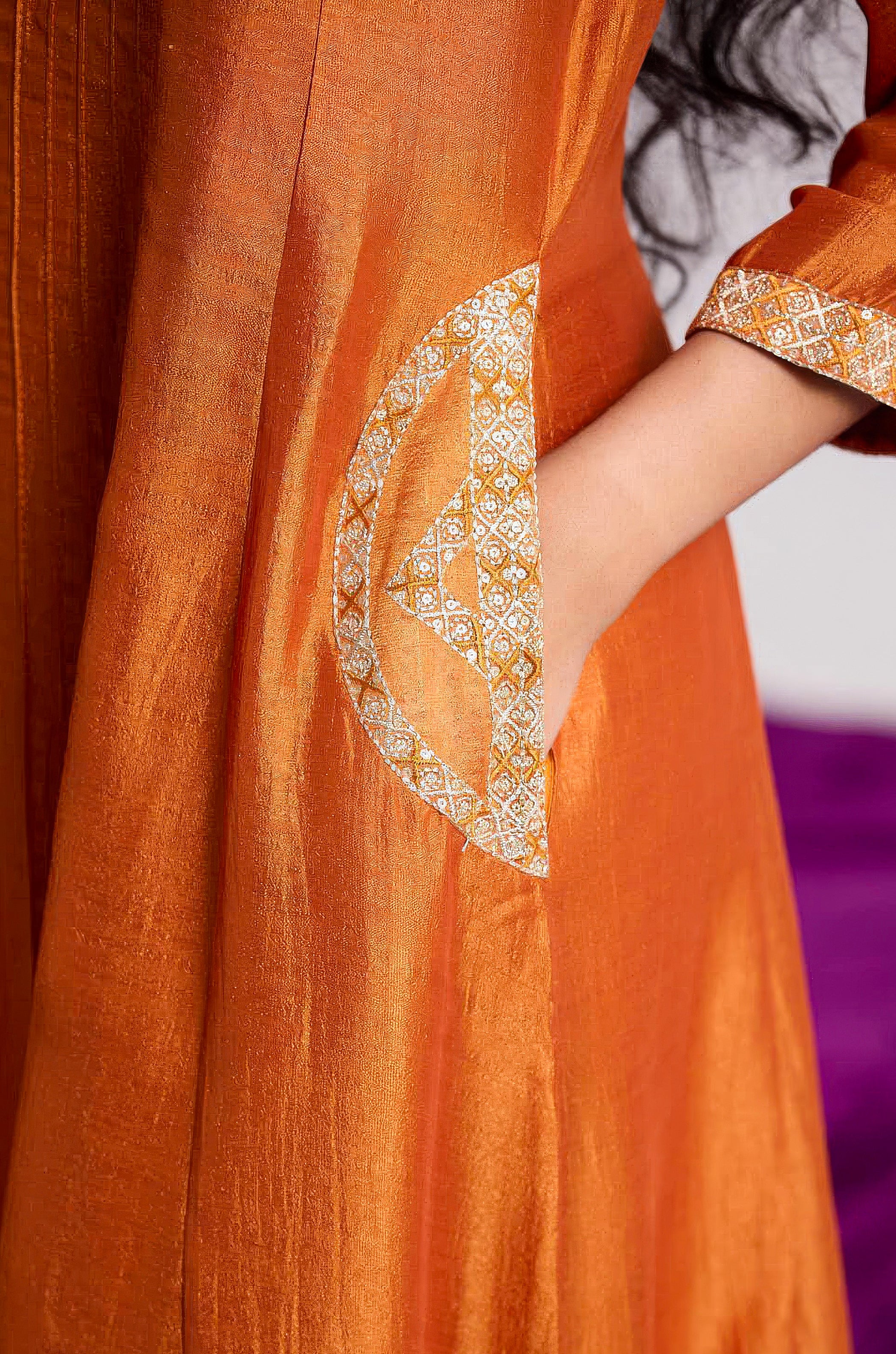 Rust Orange Embellished Chinon Silk Pant Set