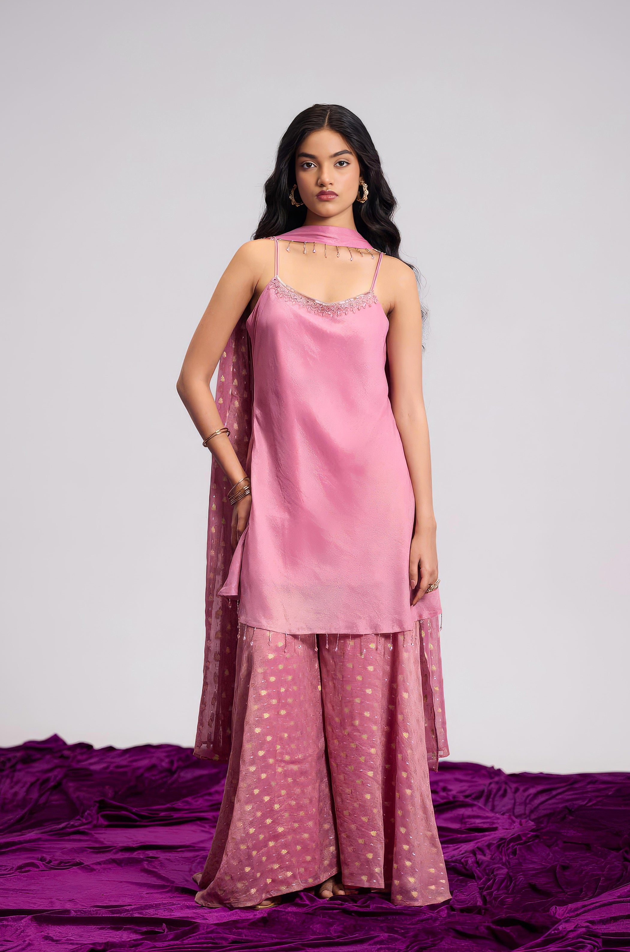 Rosewood Pink Embellished Shimmer Tissue Silk Palazzo Set