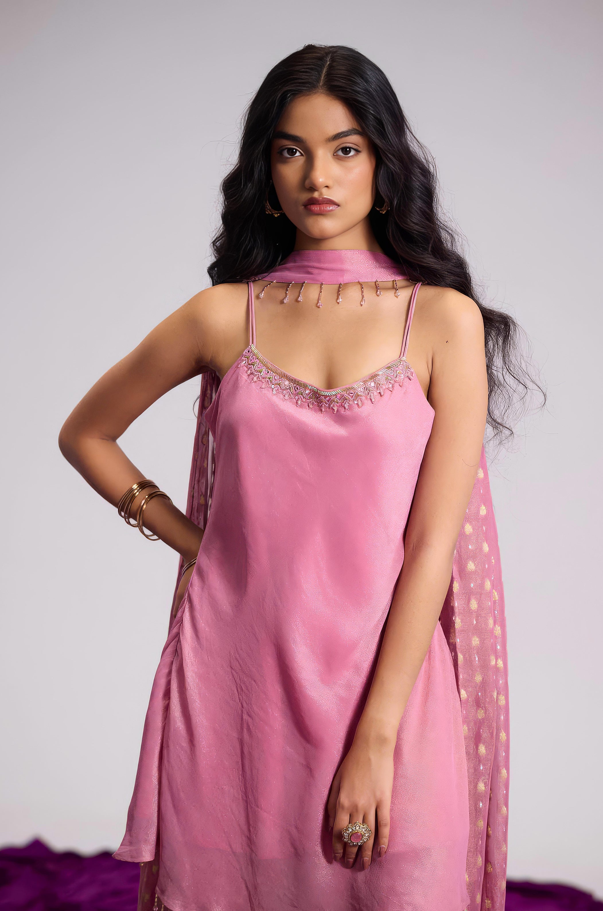 Rosewood Pink Embellished Shimmer Tissue Silk Palazzo Set