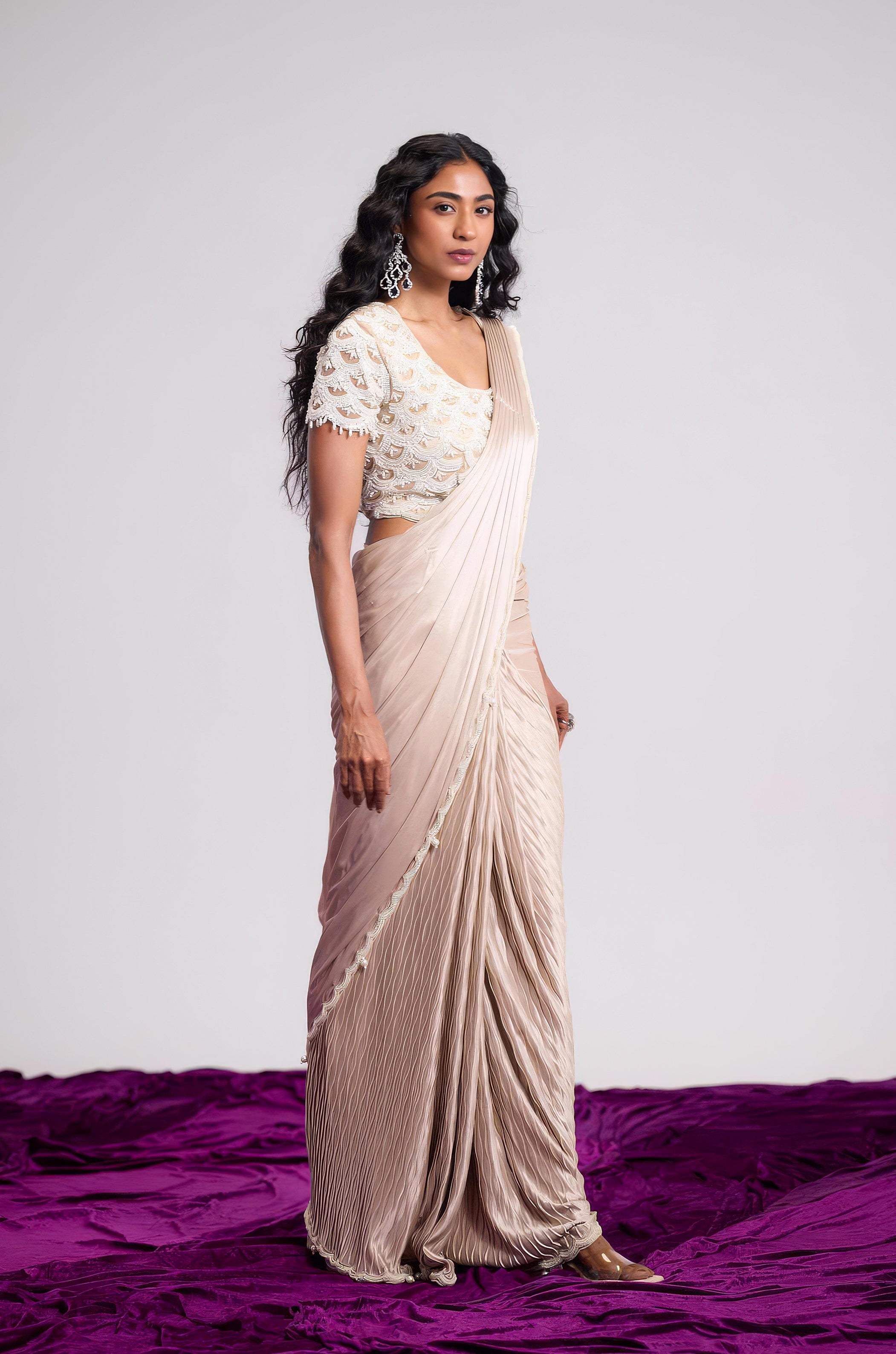 Champagne Beige Embellished Premium Silk Draped Saree