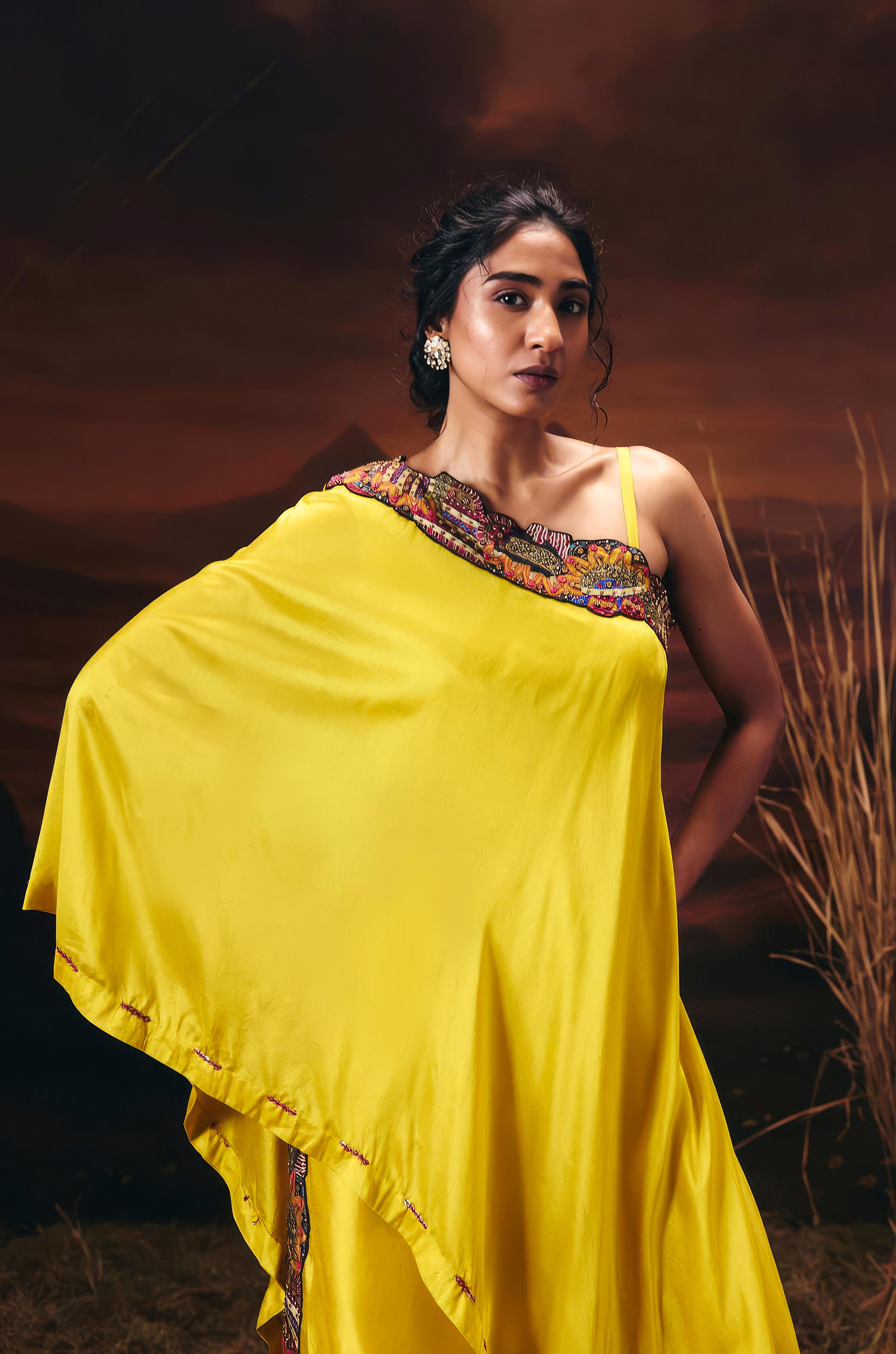 Canary Yellow Embellished Chinon Silk Tunic Set