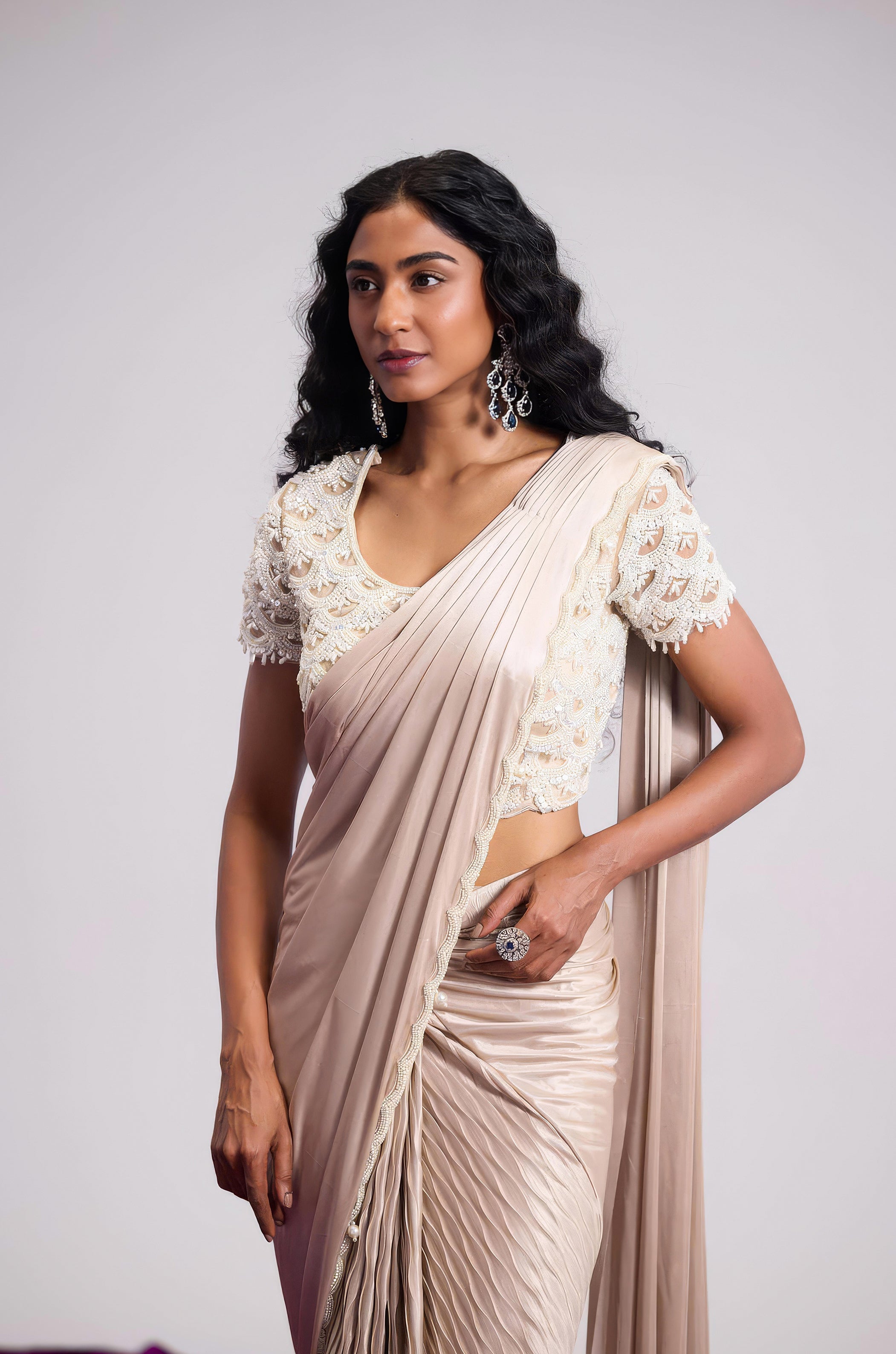 Champagne Beige Embellished Premium Silk Draped Saree