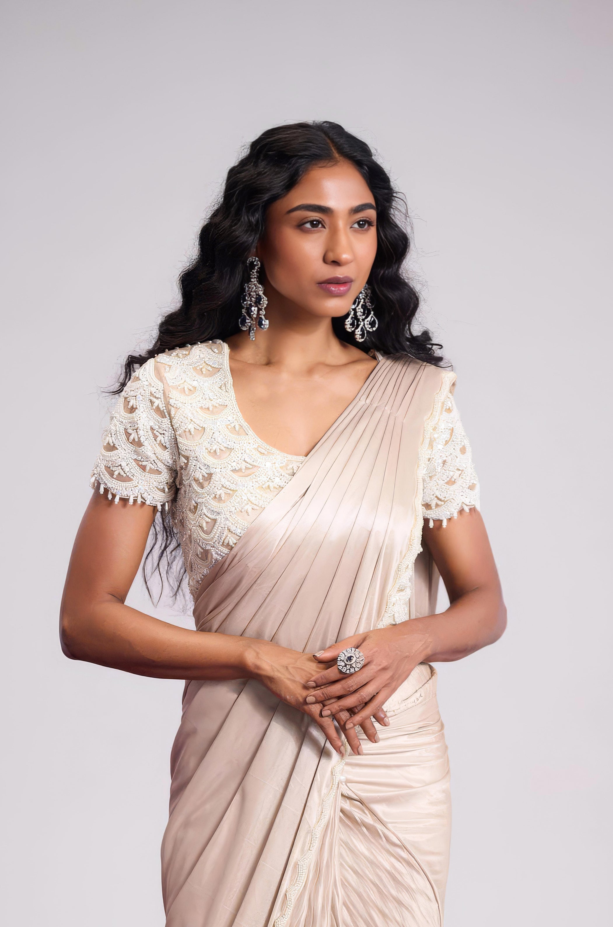 Champagne Beige Embellished Premium Silk Draped Saree