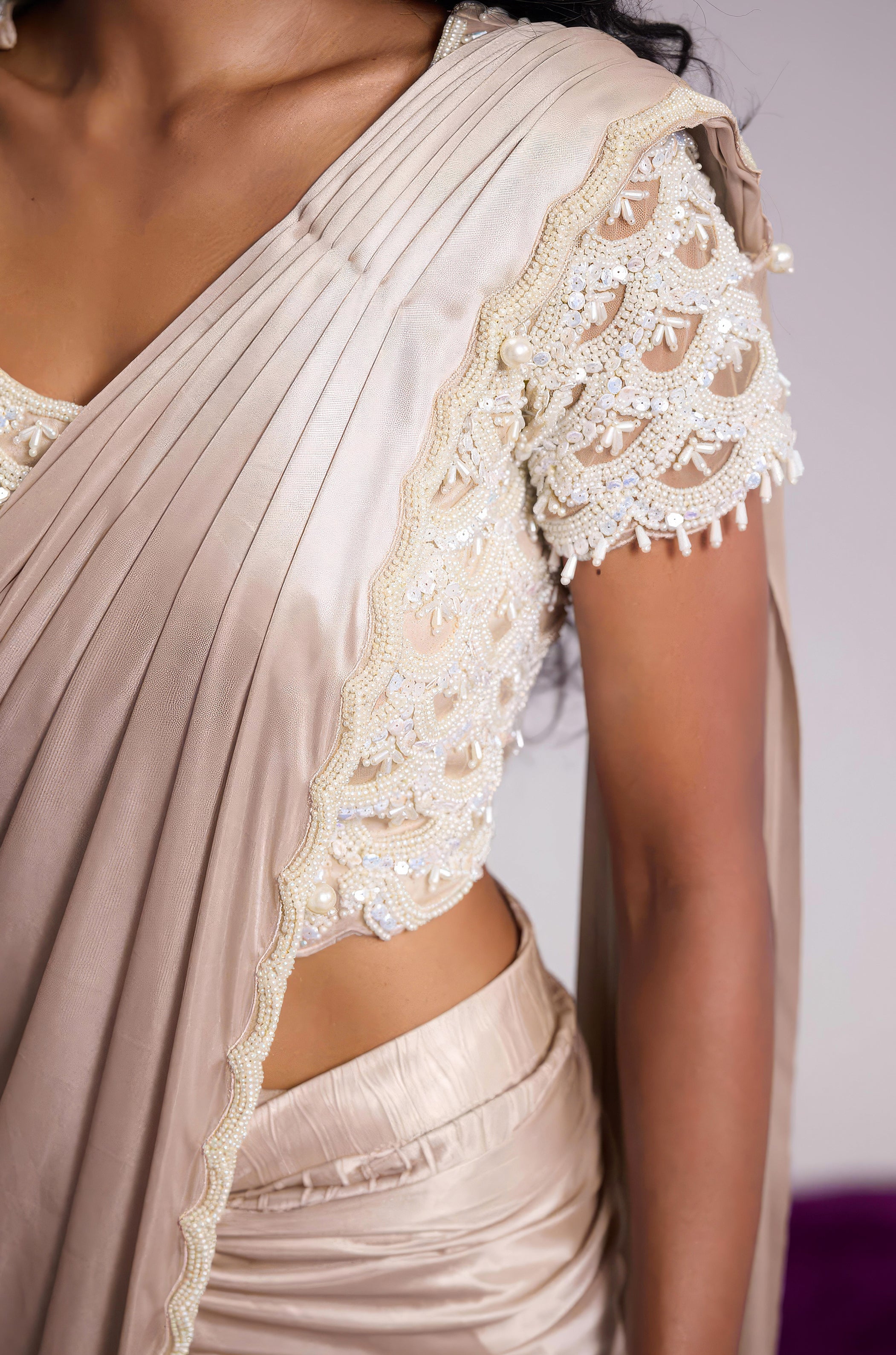 Champagne Beige Embellished Premium Silk Draped Saree