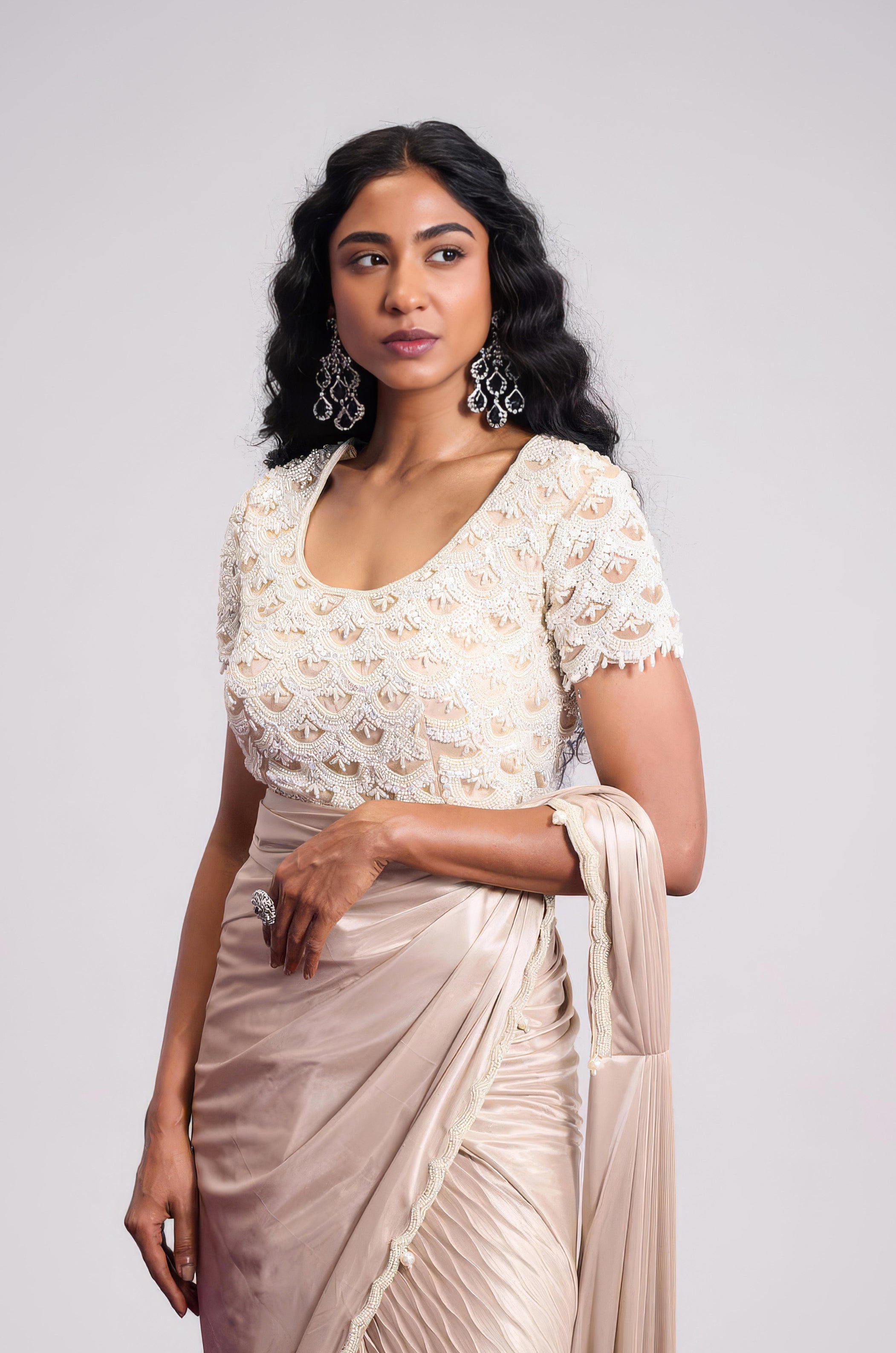 Champagne Beige Embellished Premium Silk Draped Saree