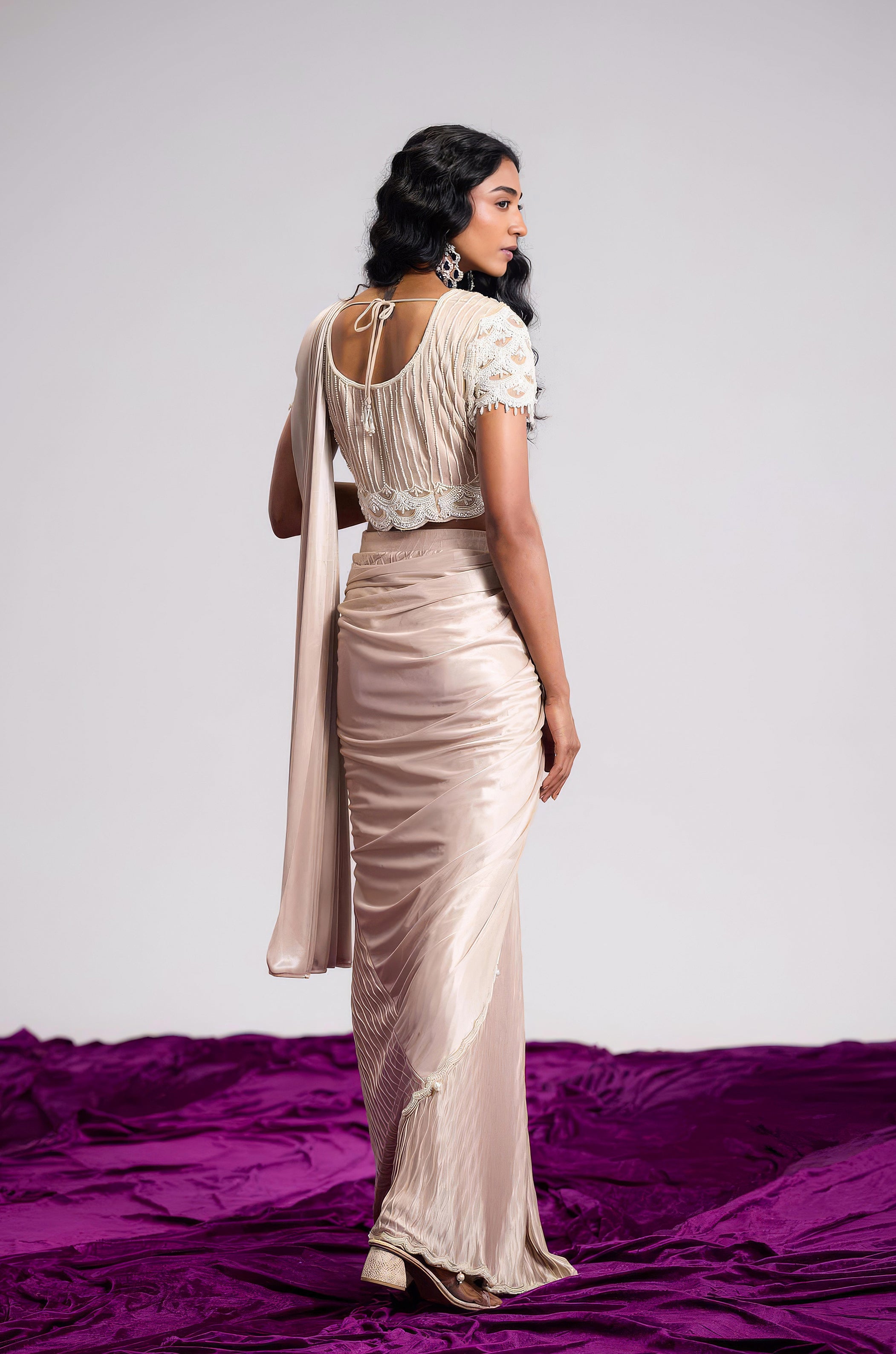 Off-White Embellished Lycra Silk Draped Saree