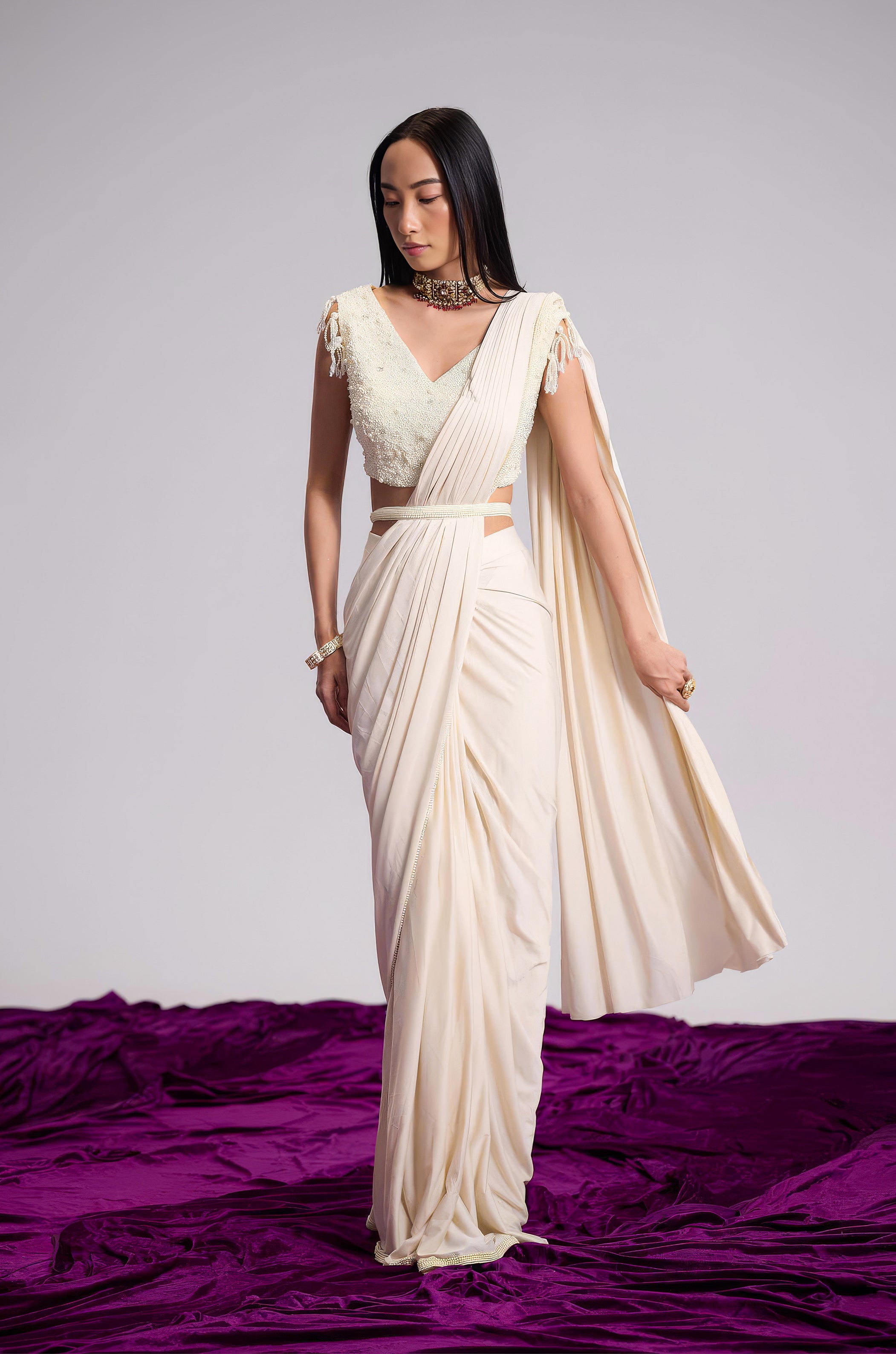 Off-White Embellished Lycra Silk Draped Saree