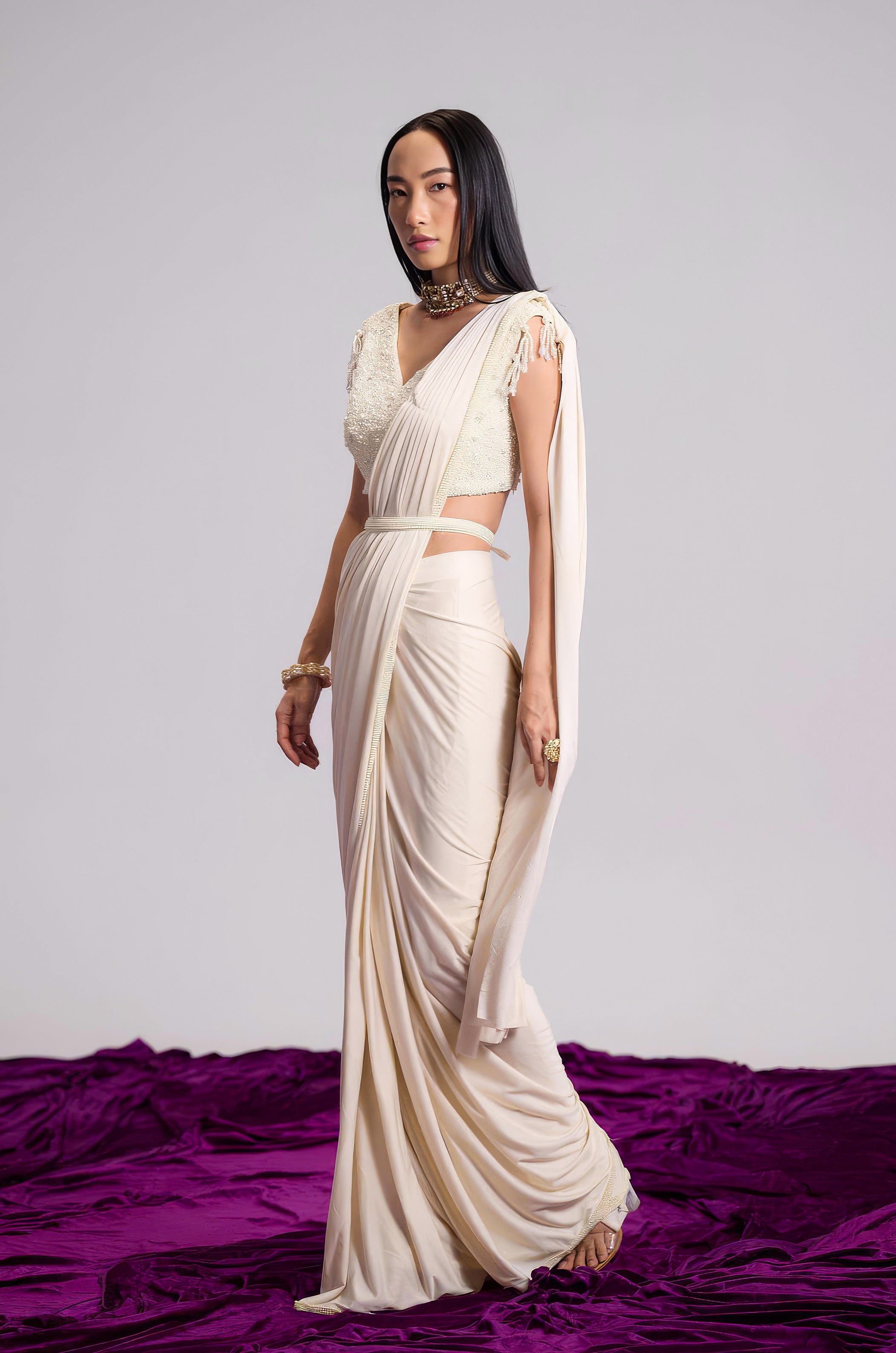 Off-White Embellished Lycra Silk Draped Saree