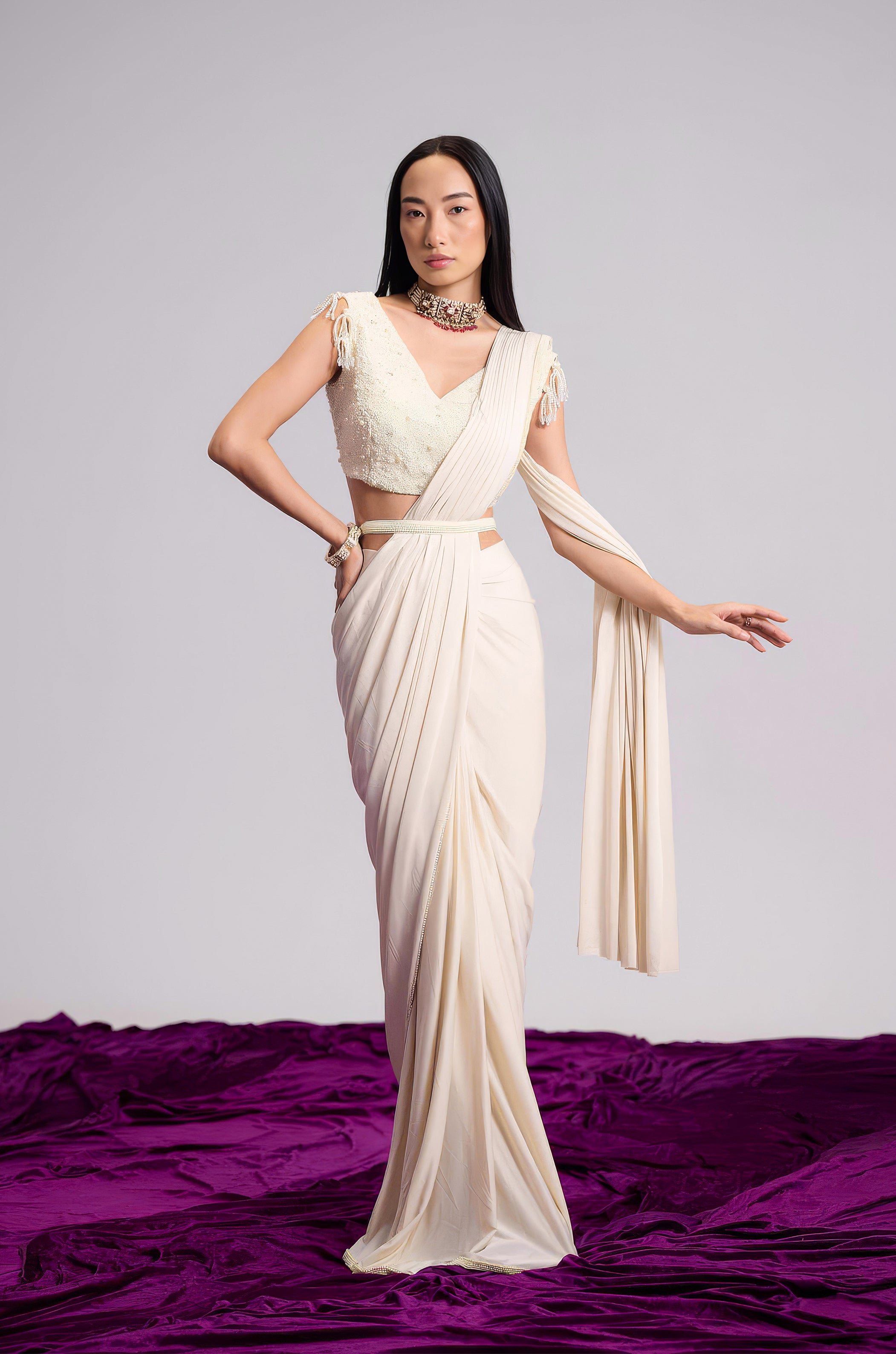Off-White Embellished Lycra Silk Draped Saree