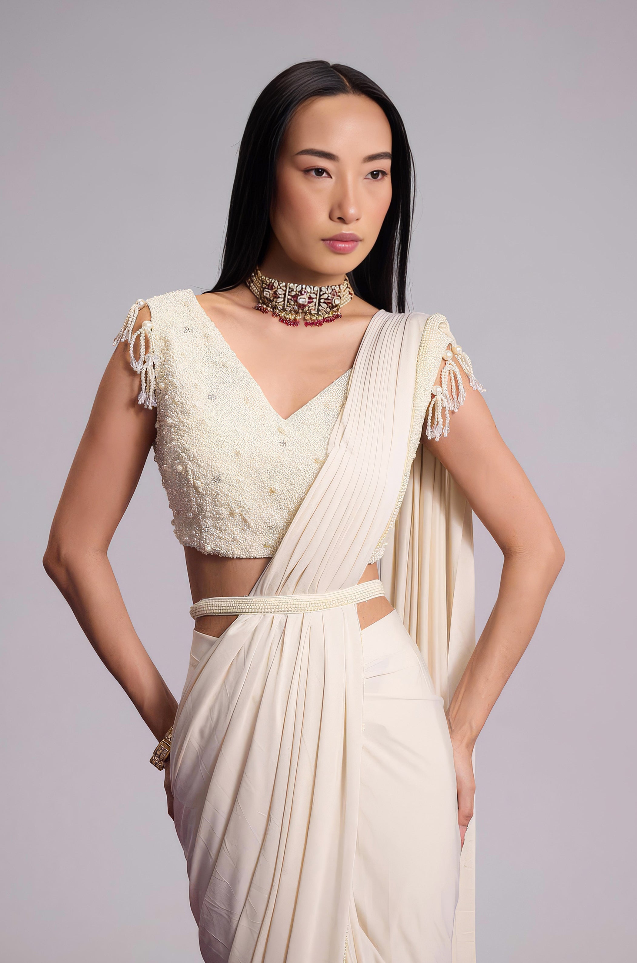 Off-White Embellished Lycra Silk Draped Saree