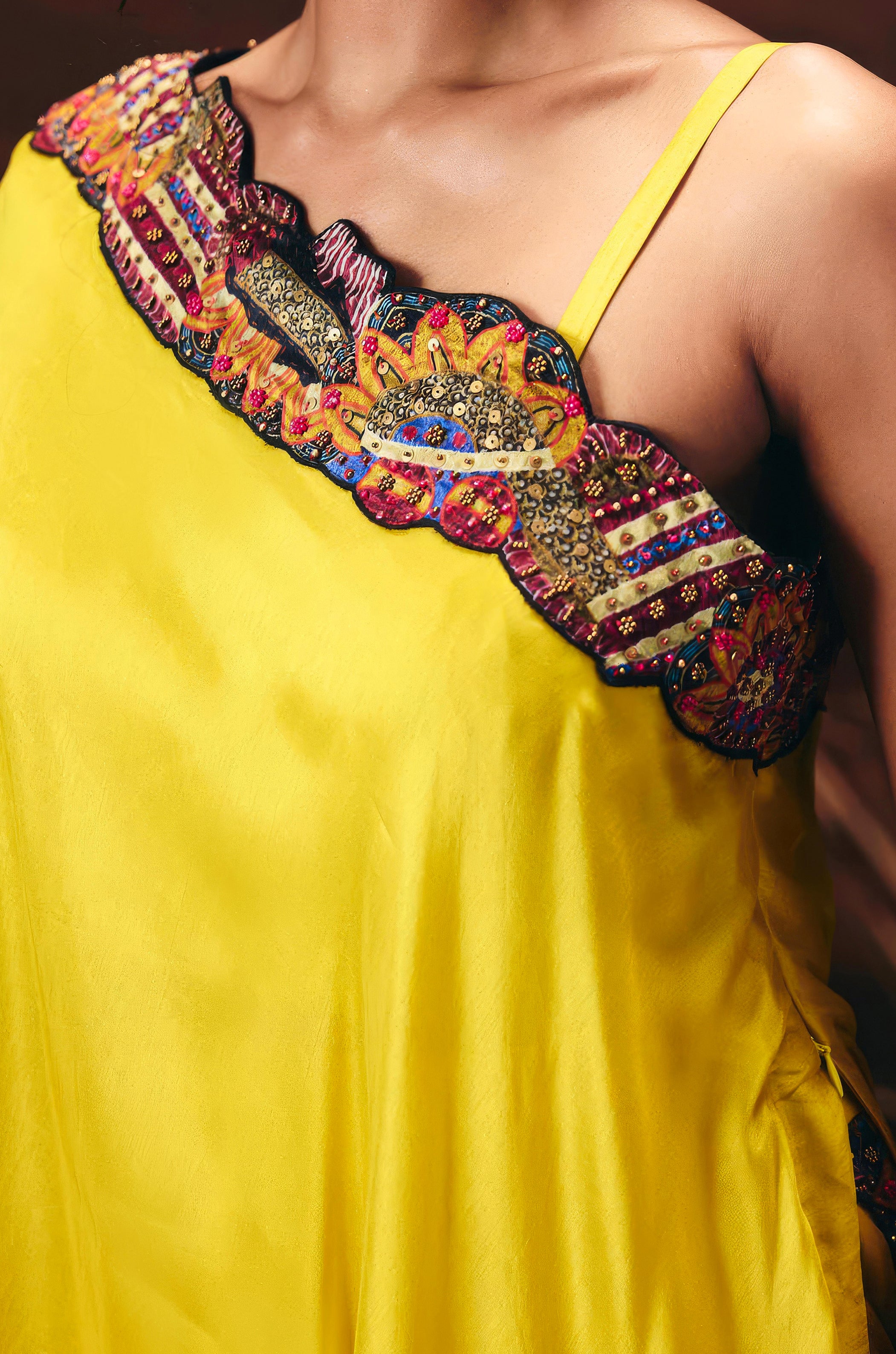 Canary Yellow Embellished Chinon Silk Tunic Set