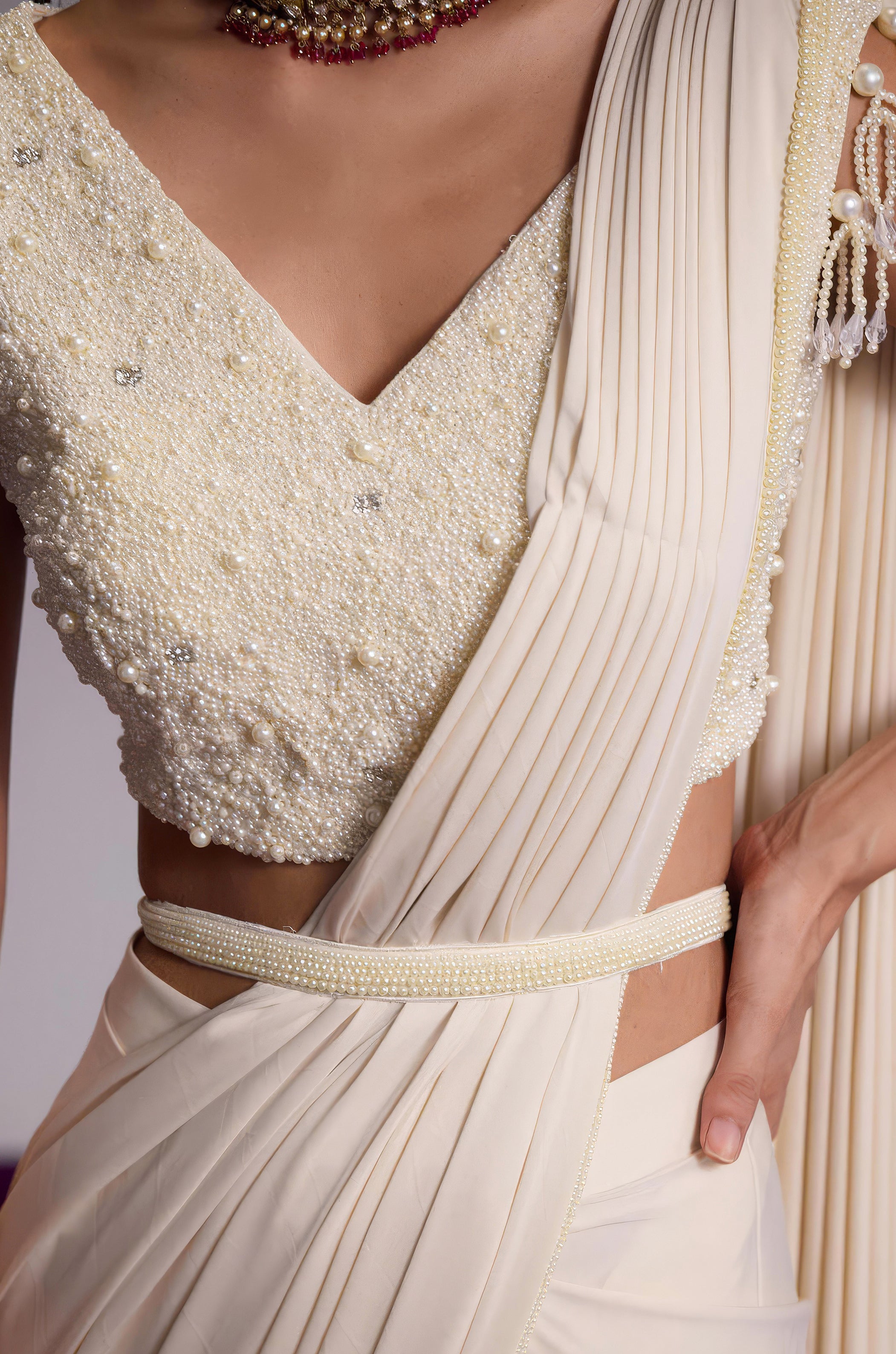 Off-White Embellished Lycra Silk Draped Saree