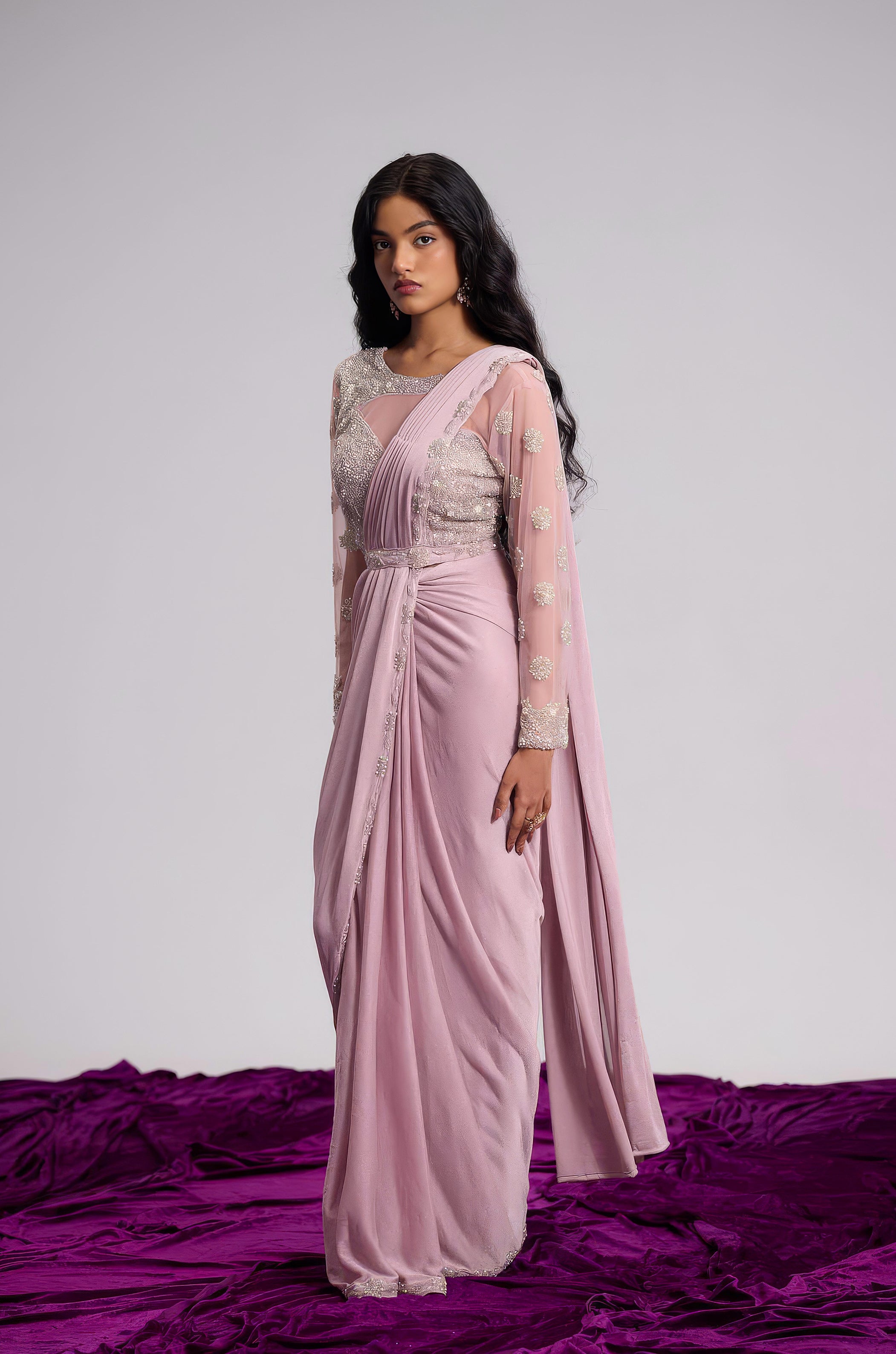 Light Pink Embellished Shimmer Lycra Silk Draped Saree