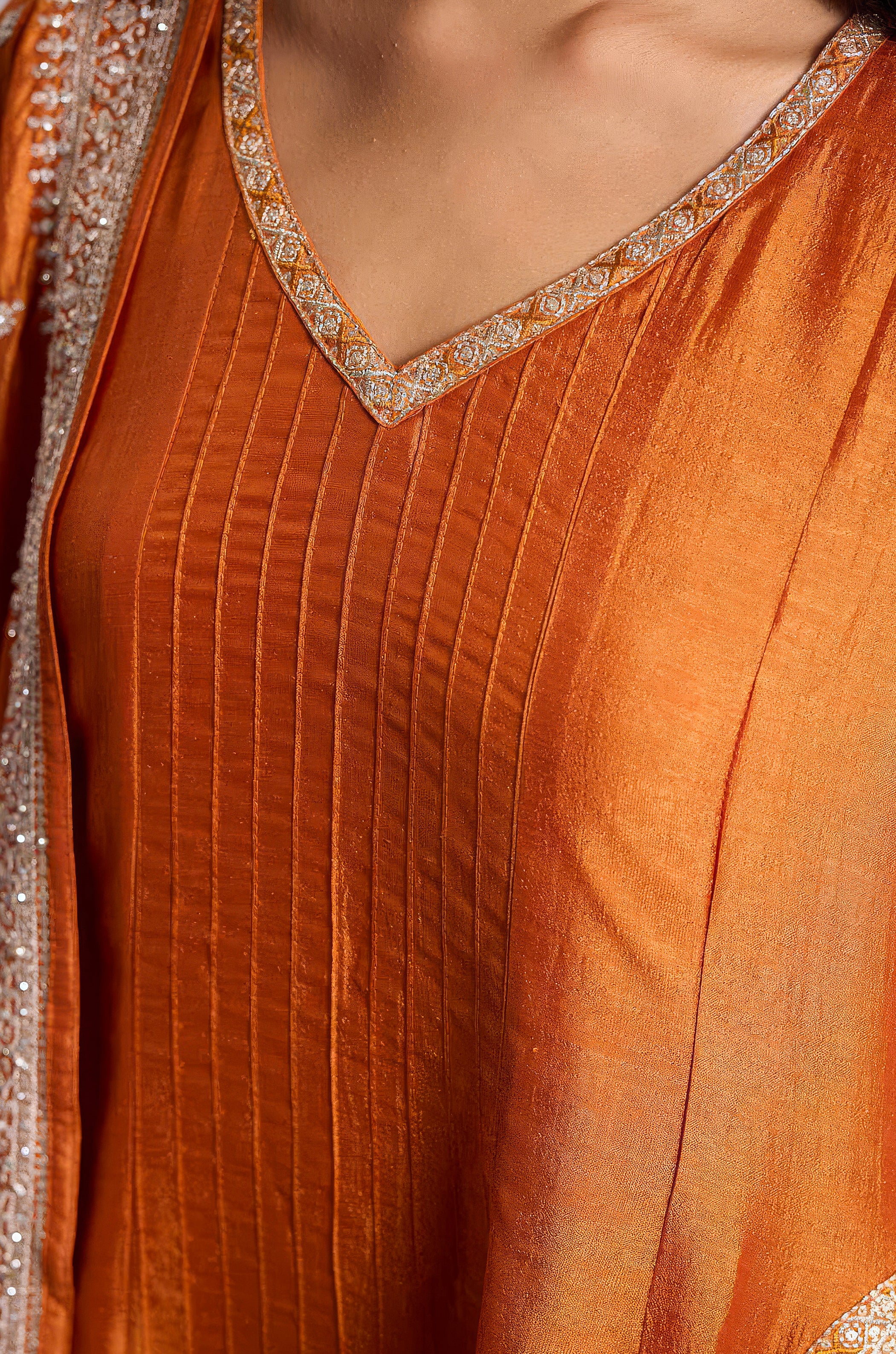 Rust Orange Embellished Chinon Silk Pant Set