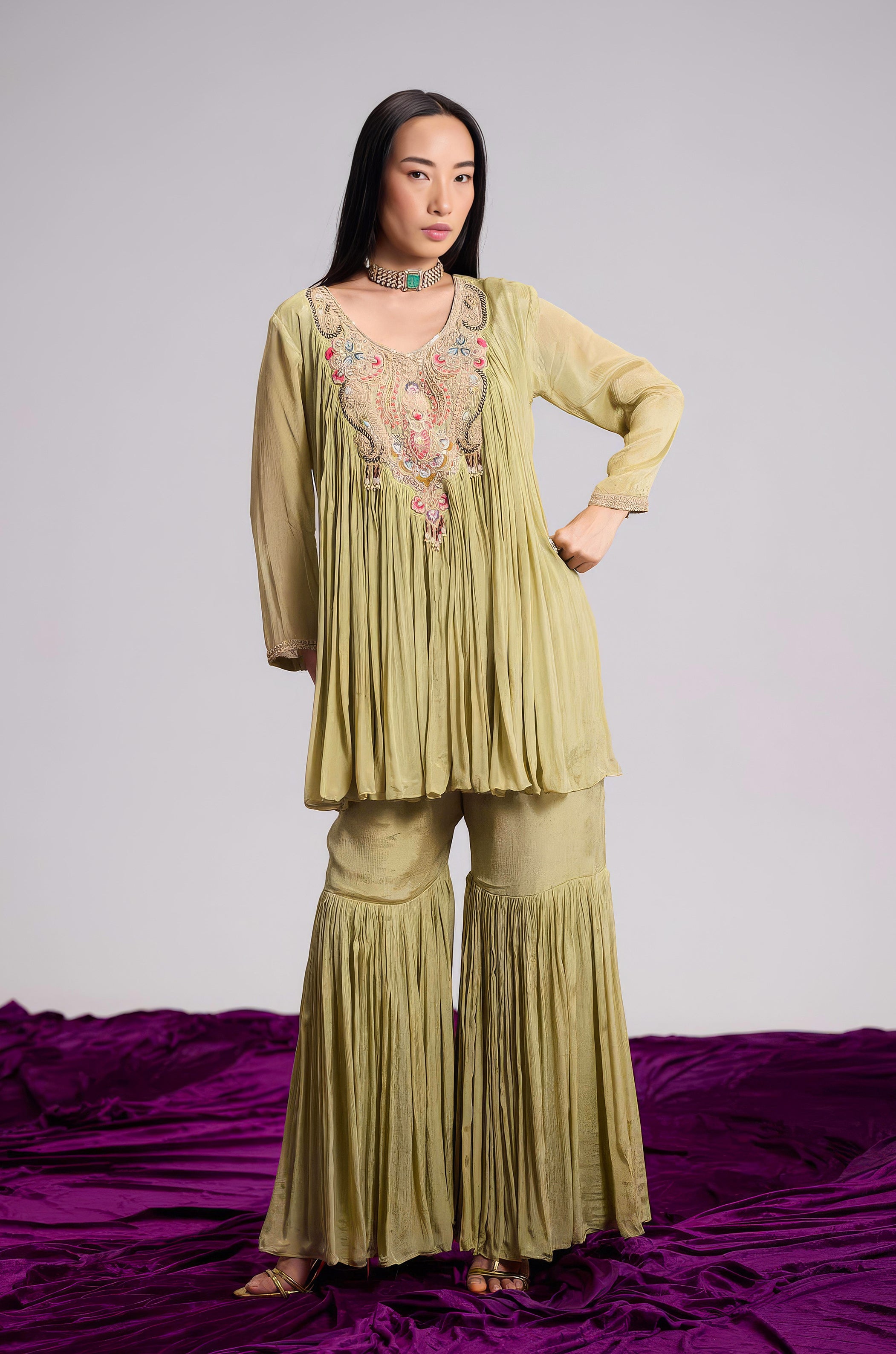 Light Green Embellished Chinon Silk Sharara Set