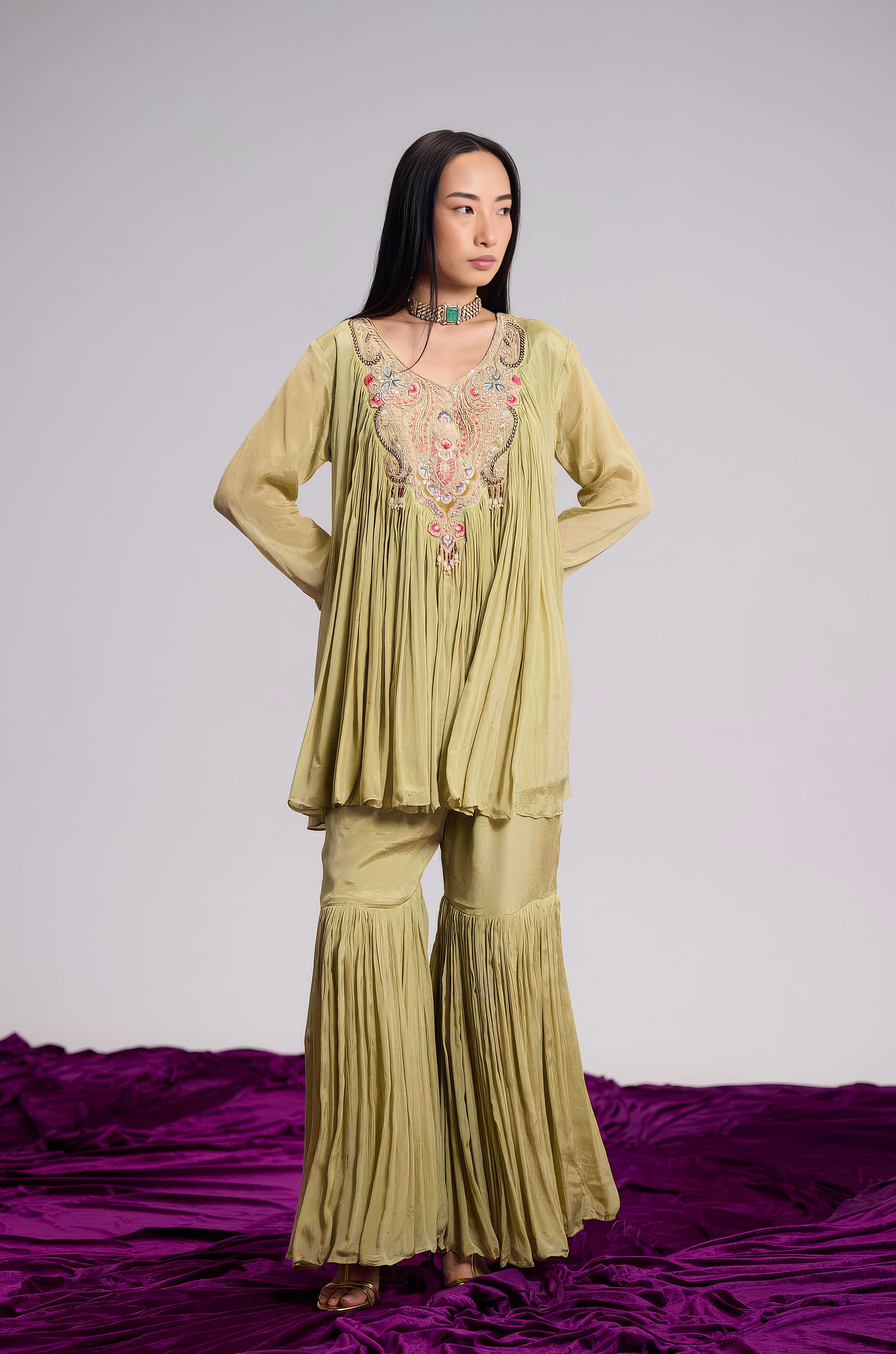 Light Green Embellished Chinon Silk Sharara Set