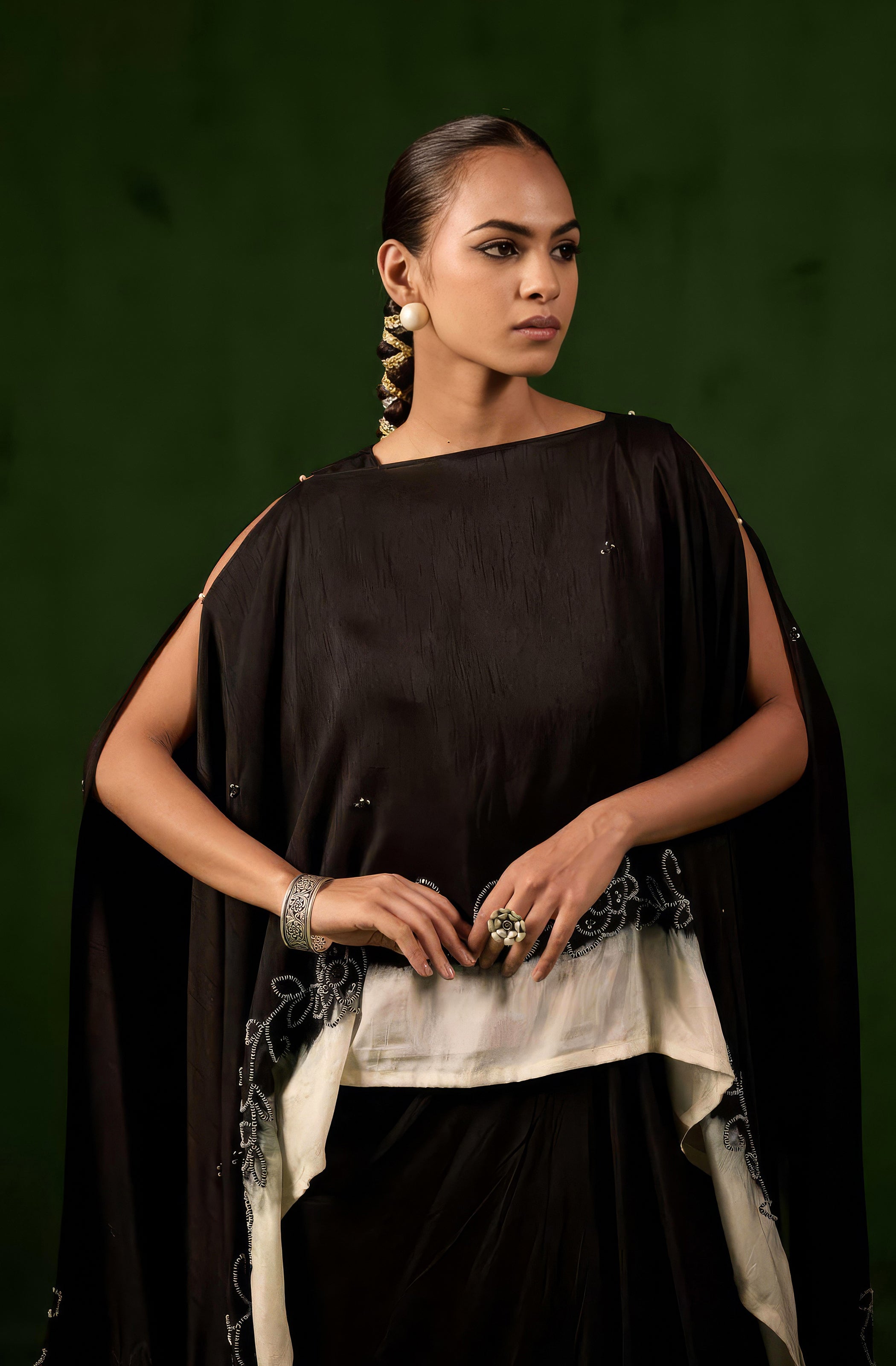 Classic Black Embellished Raw Silk Gown