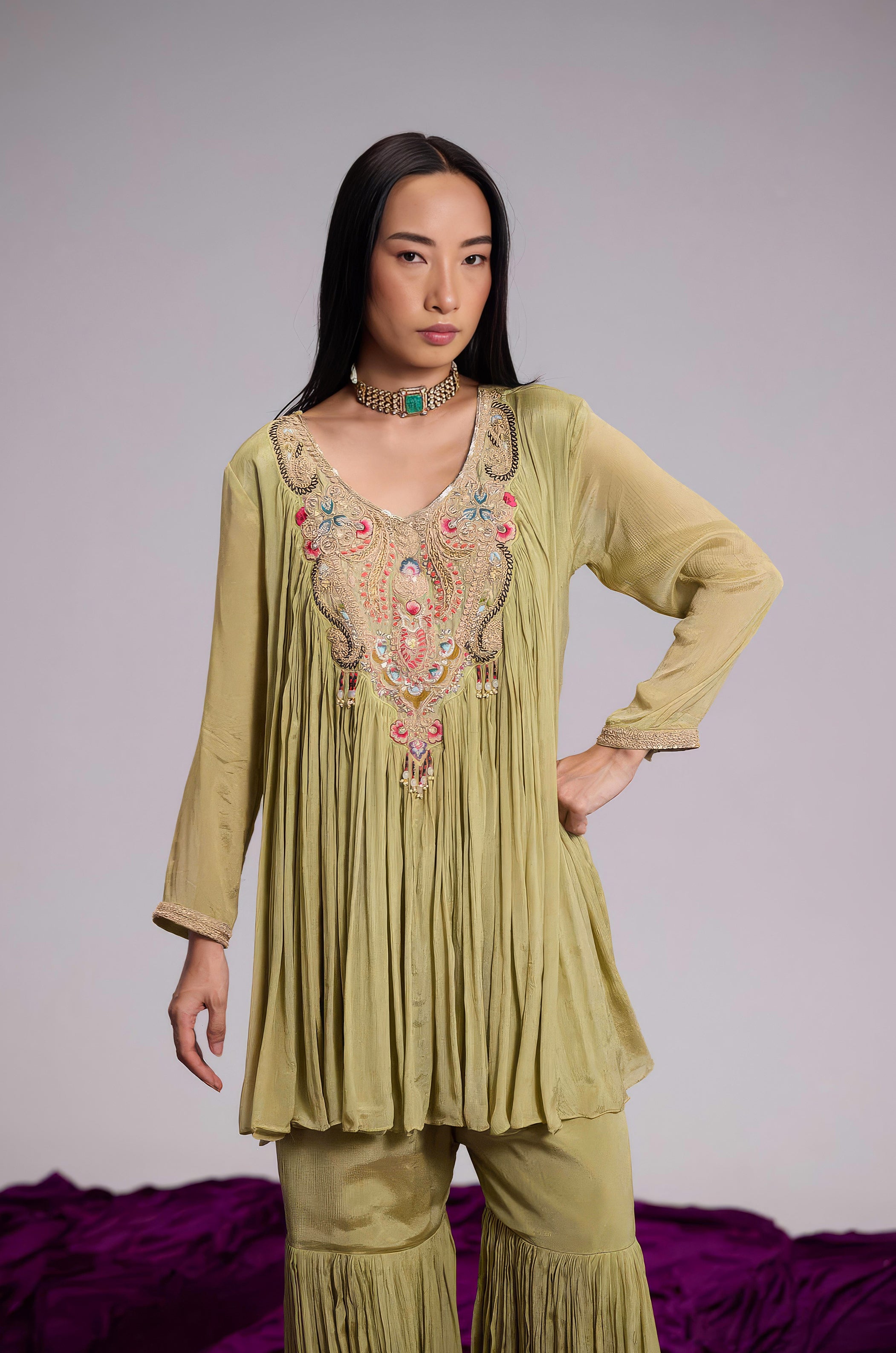 Light Green Embellished Chinon Silk Sharara Set