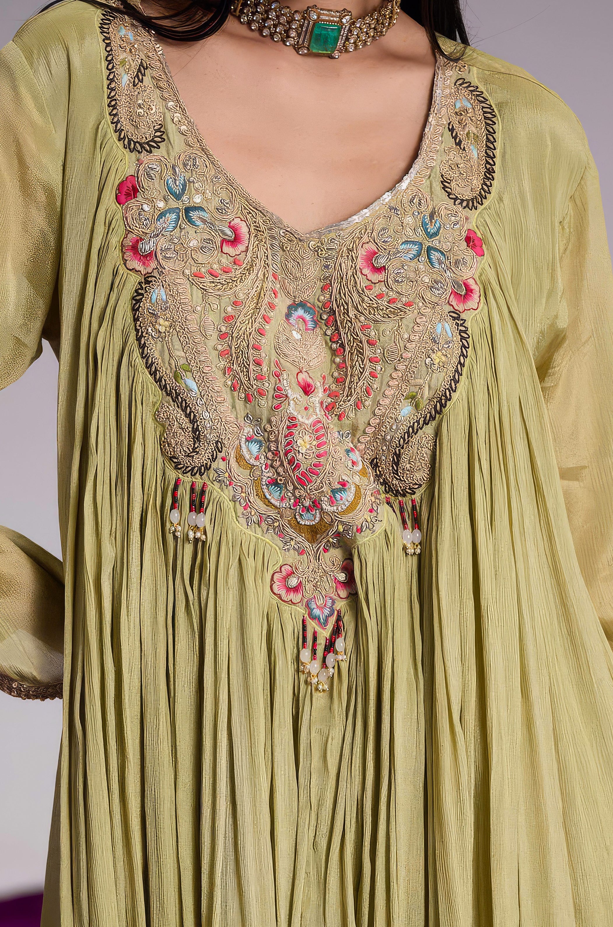 Light Green Embellished Chinon Silk Sharara Set