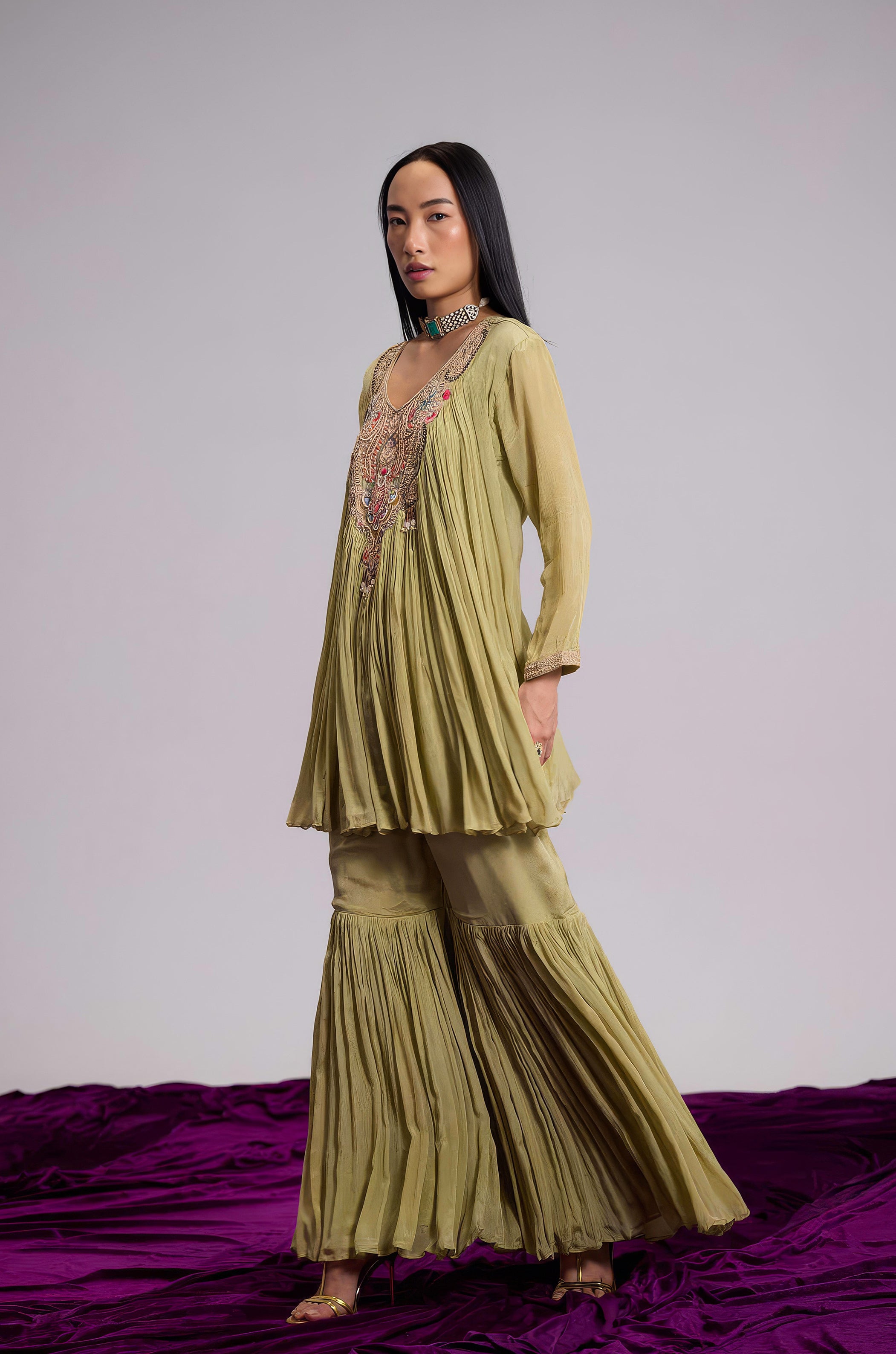 Light Green Embellished Chinon Silk Sharara Set