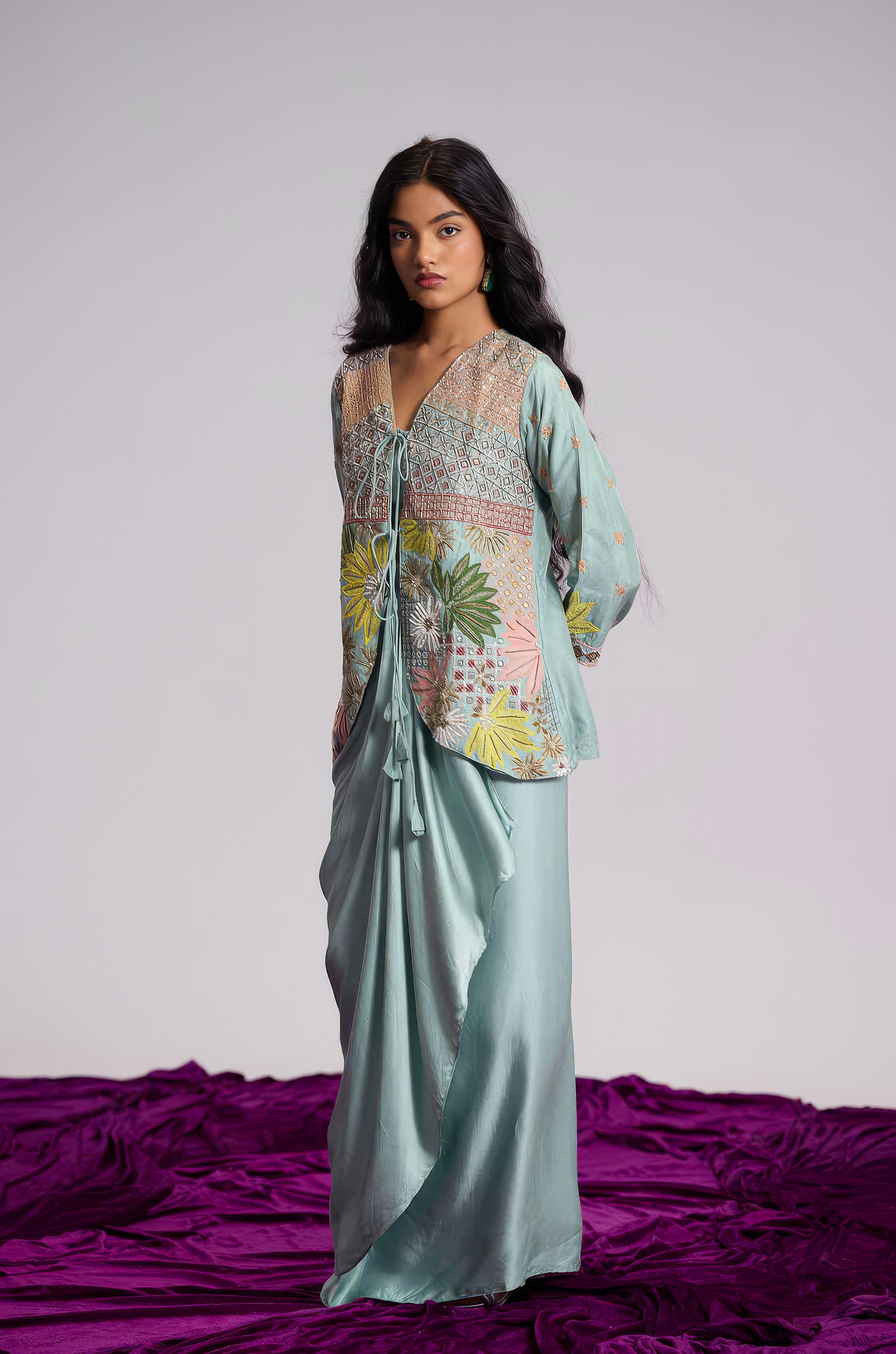 Aqua Blue Embellished Satin Silk Skirt Set