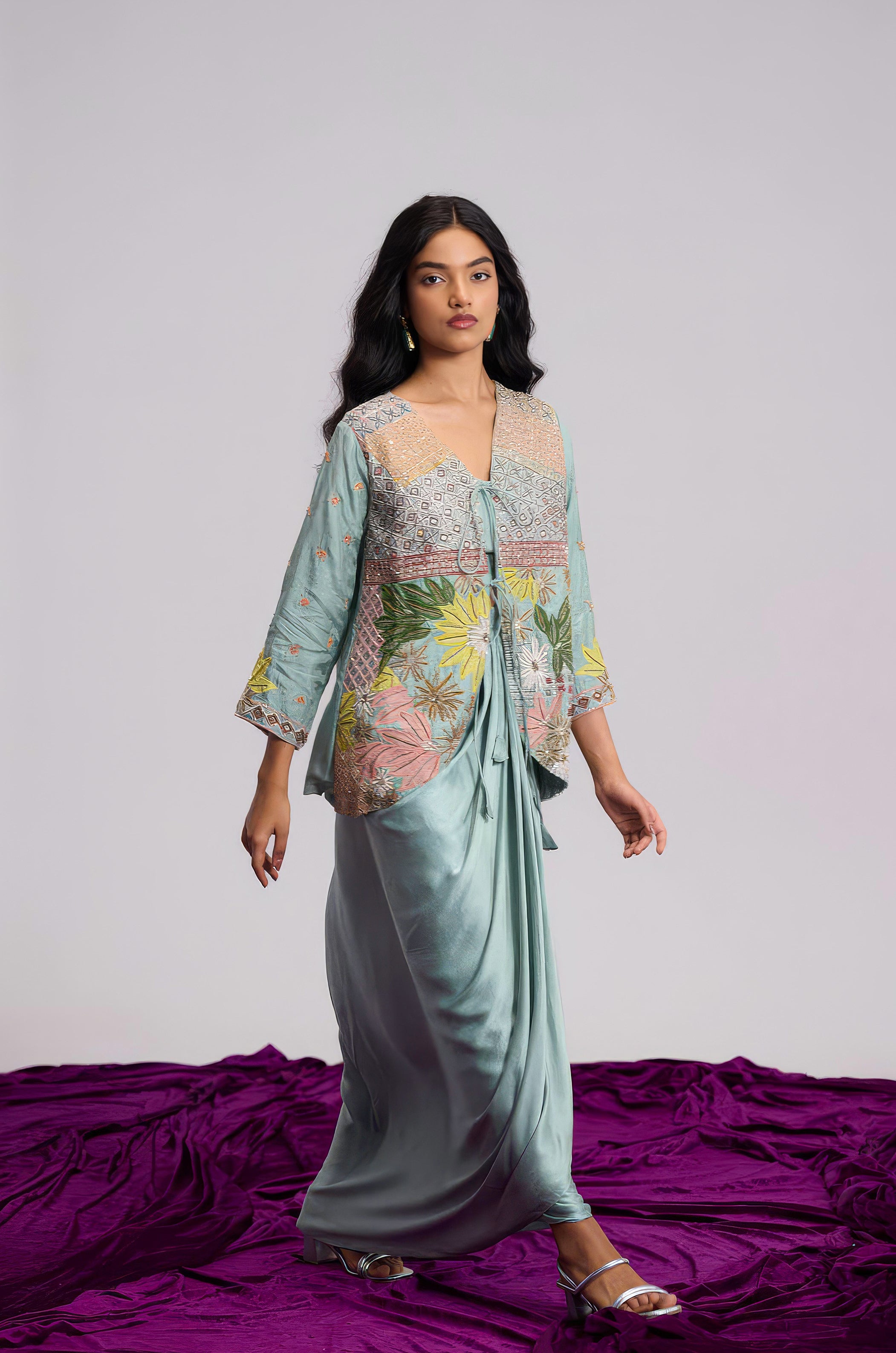 Aqua Blue Embellished Satin Silk Skirt Set