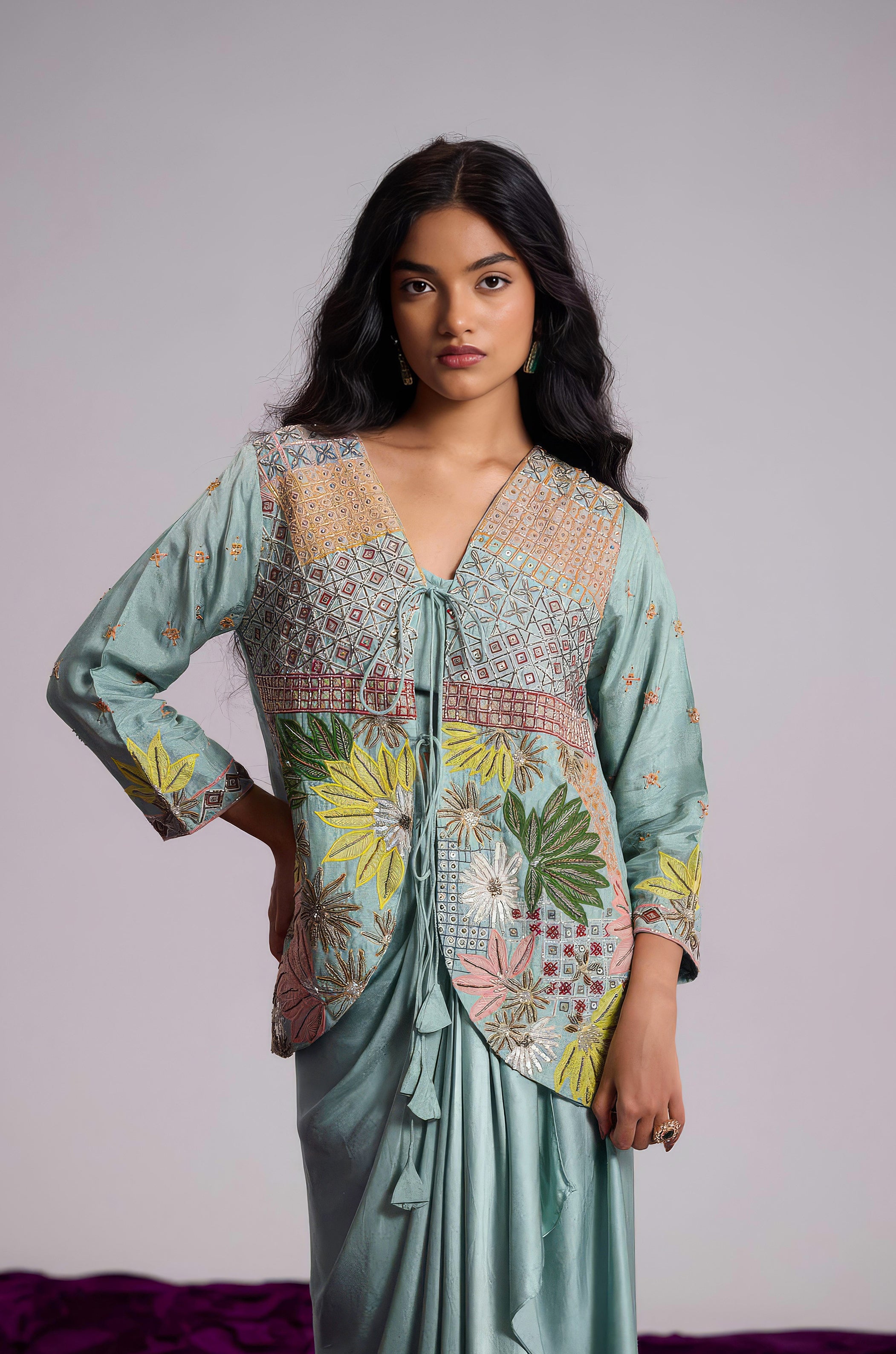 Aqua Blue Embellished Satin Silk Skirt Set