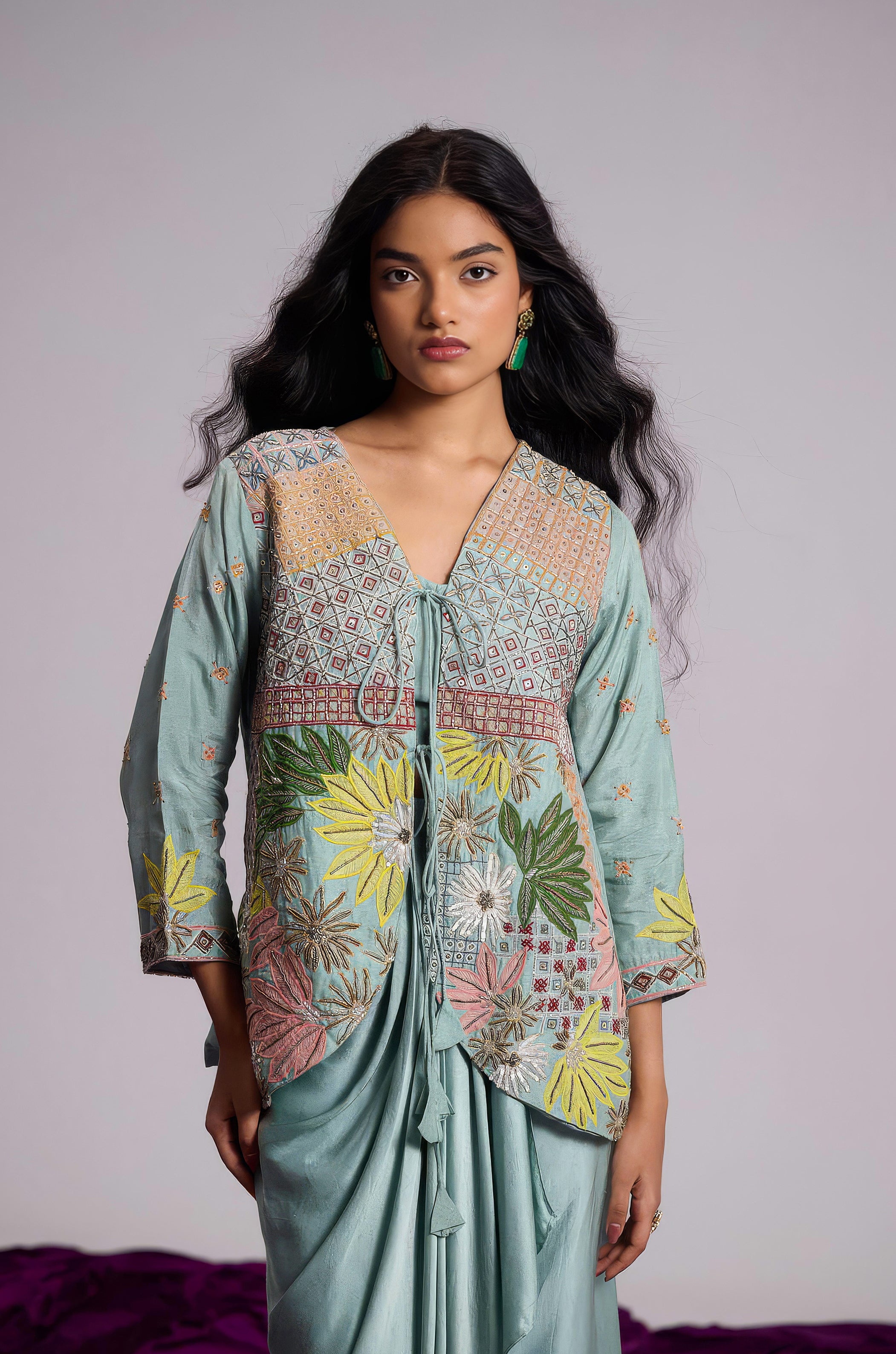 Aqua Blue Embellished Satin Silk Skirt Set