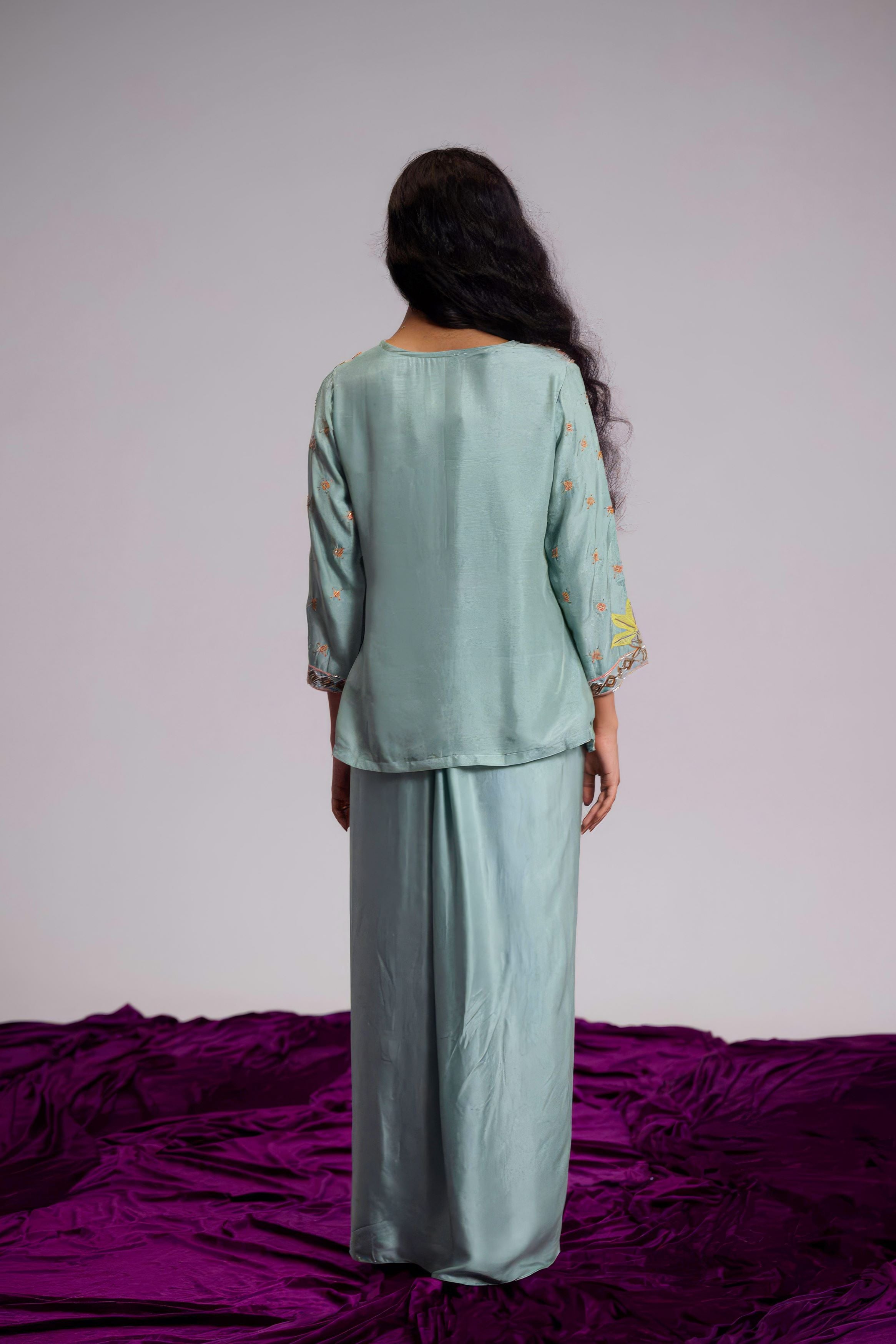 Aqua Blue Embellished Satin Silk Skirt Set