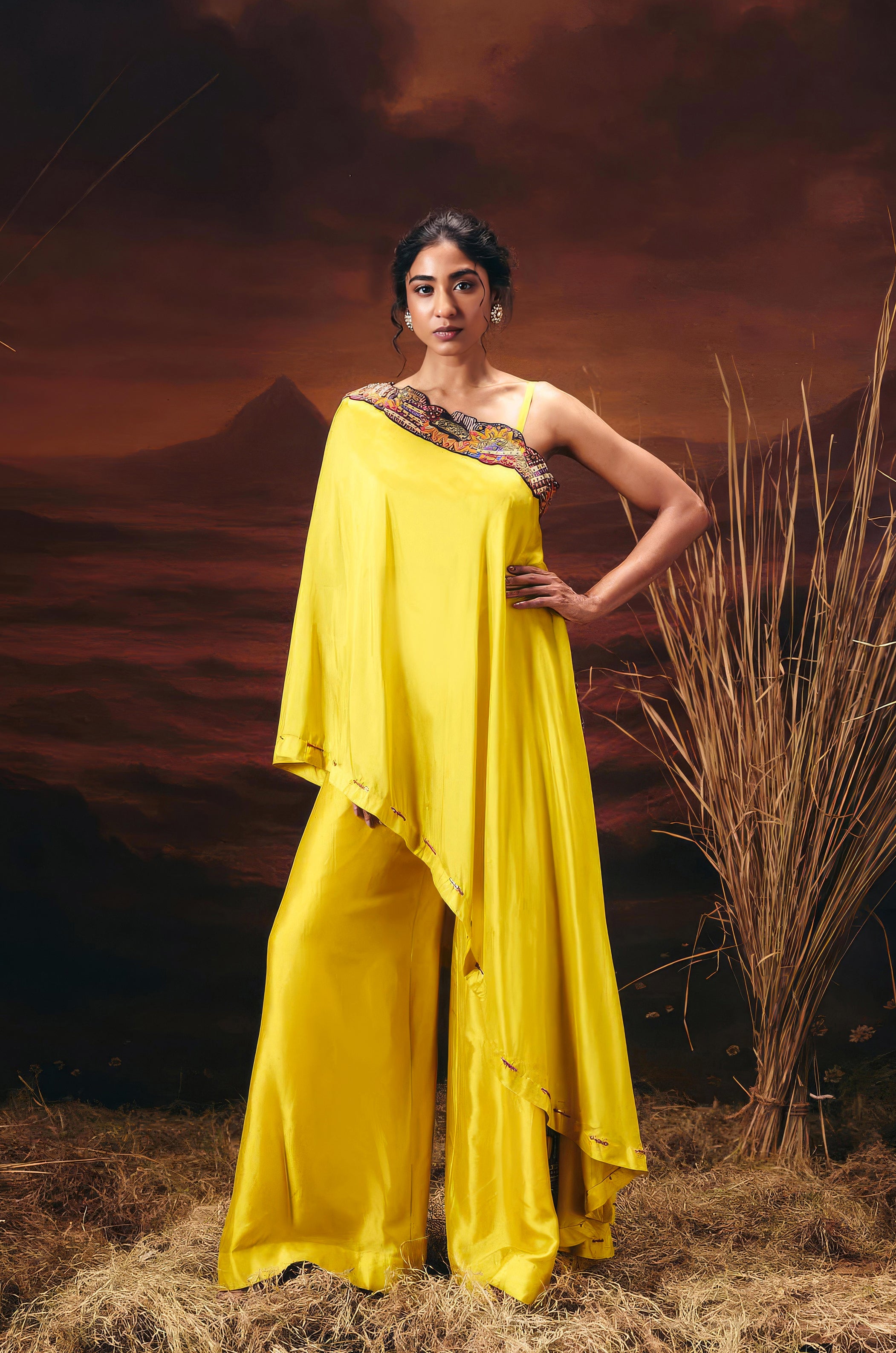 Canary Yellow Embellished Chinon Silk Tunic Set