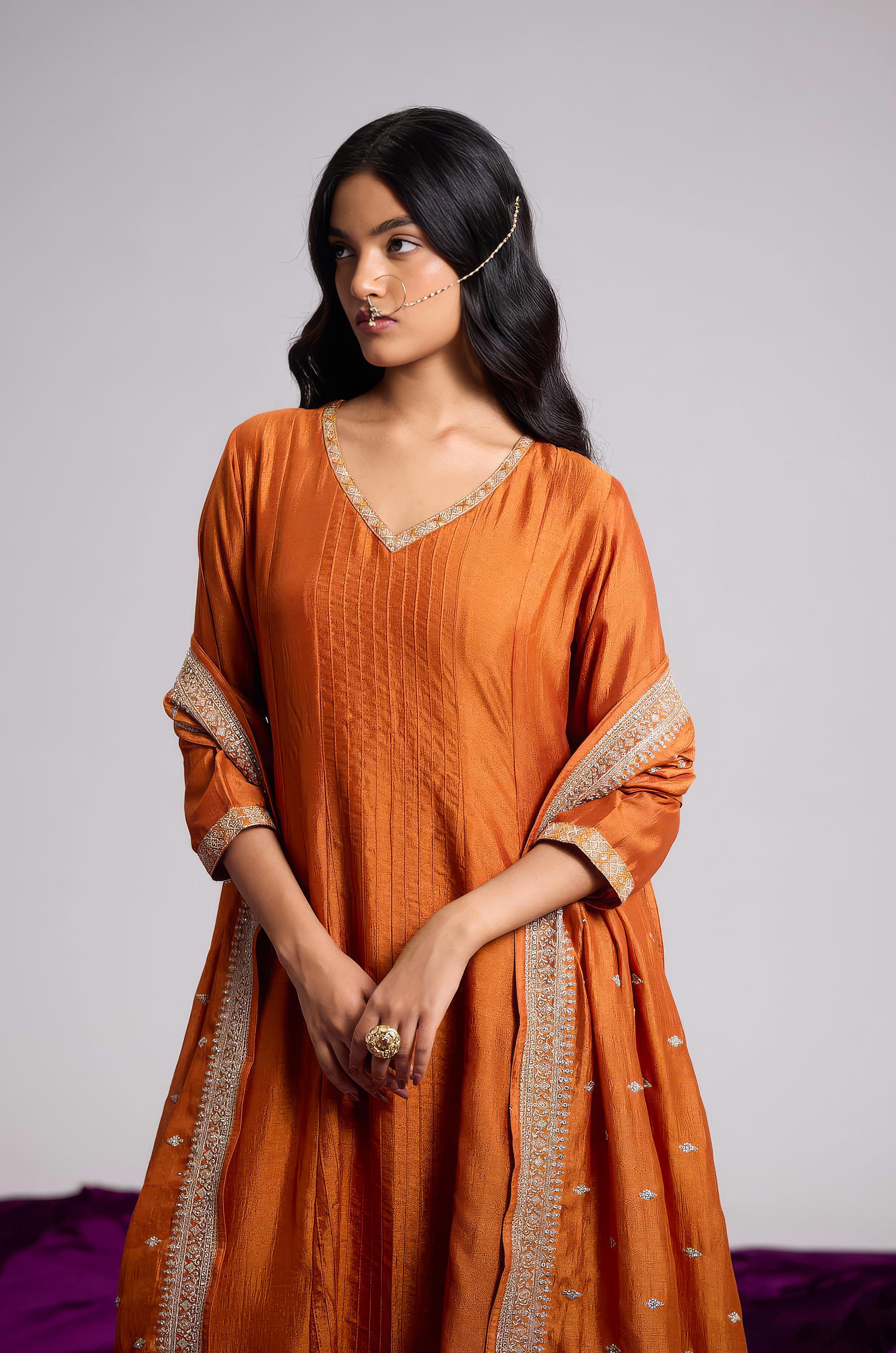 Rust Orange Embellished Chinon Silk Pant Set