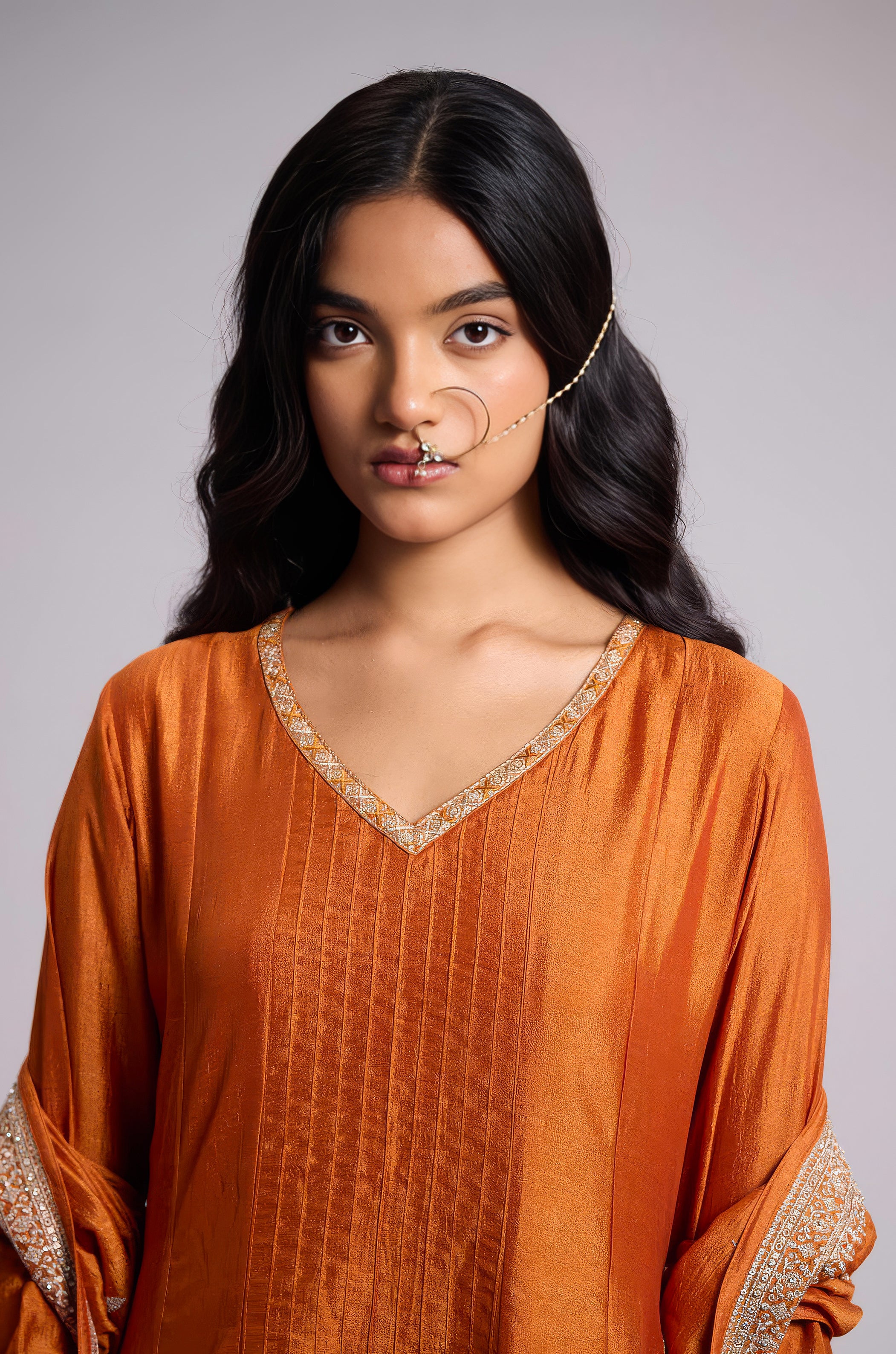 Rust Orange Embellished Chinon Silk Pant Set