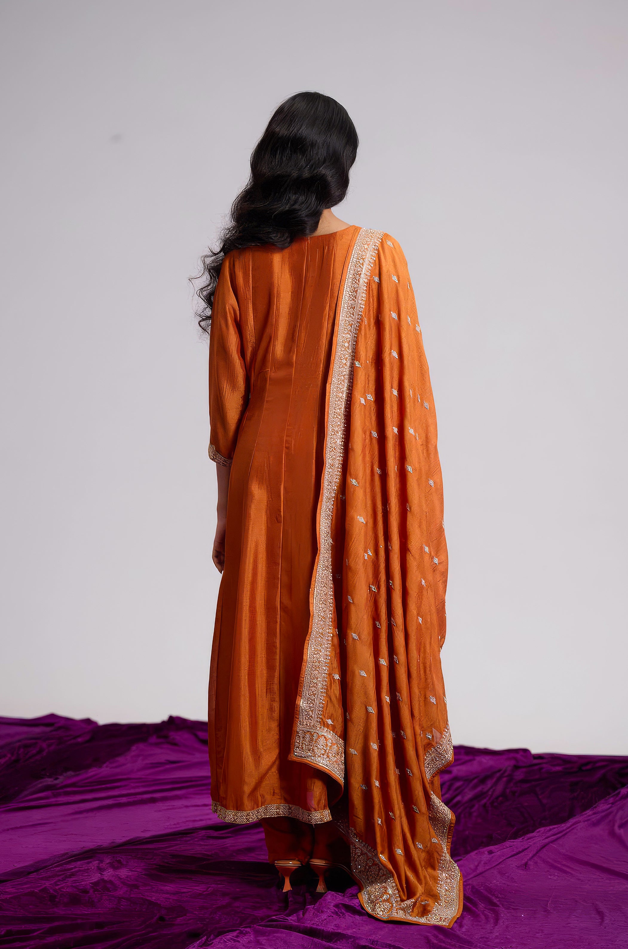 Rust Orange Embellished Chinon Silk Pant Set