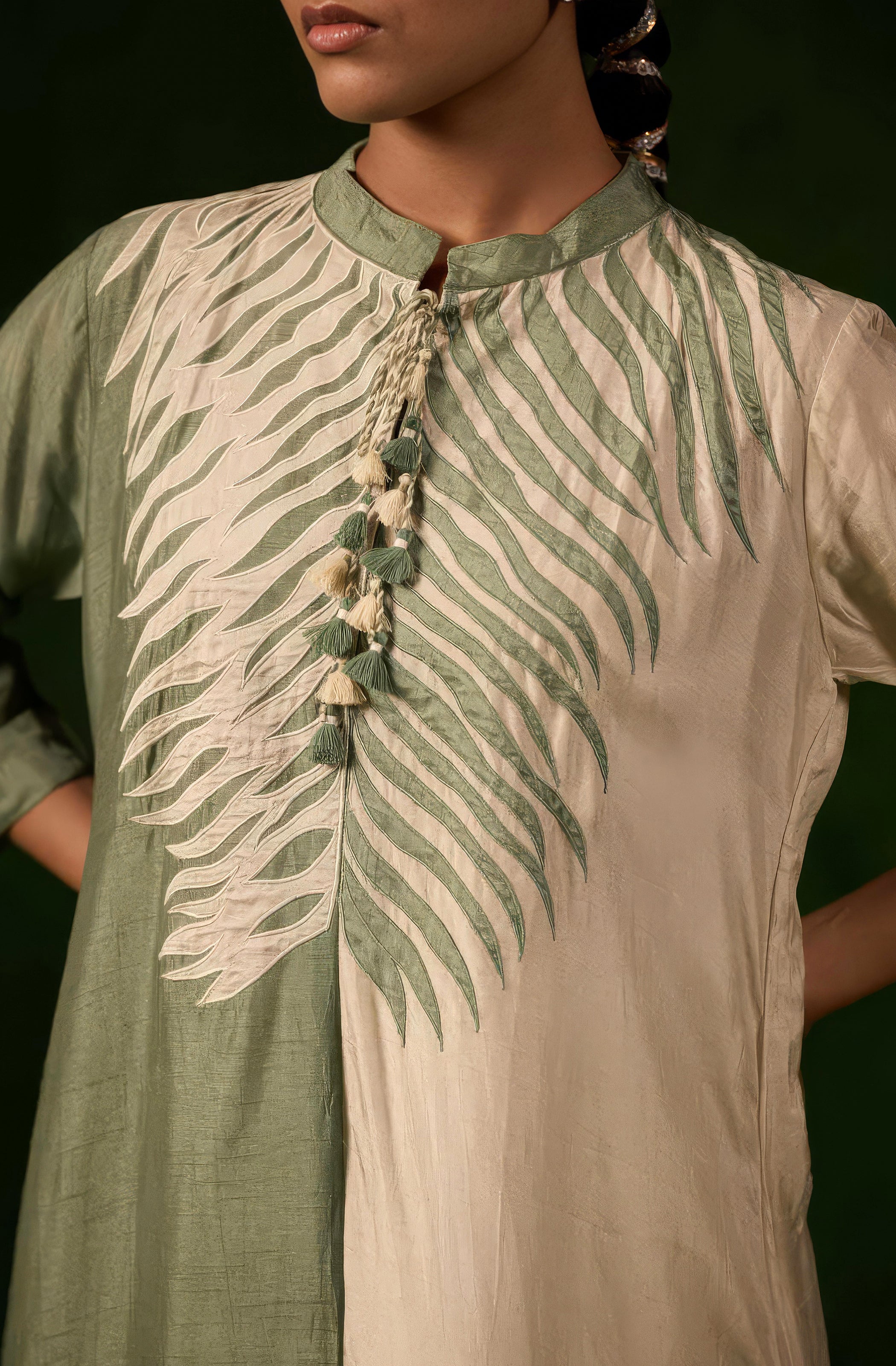 Green & White Embroidered Raw Silk Kurta Set