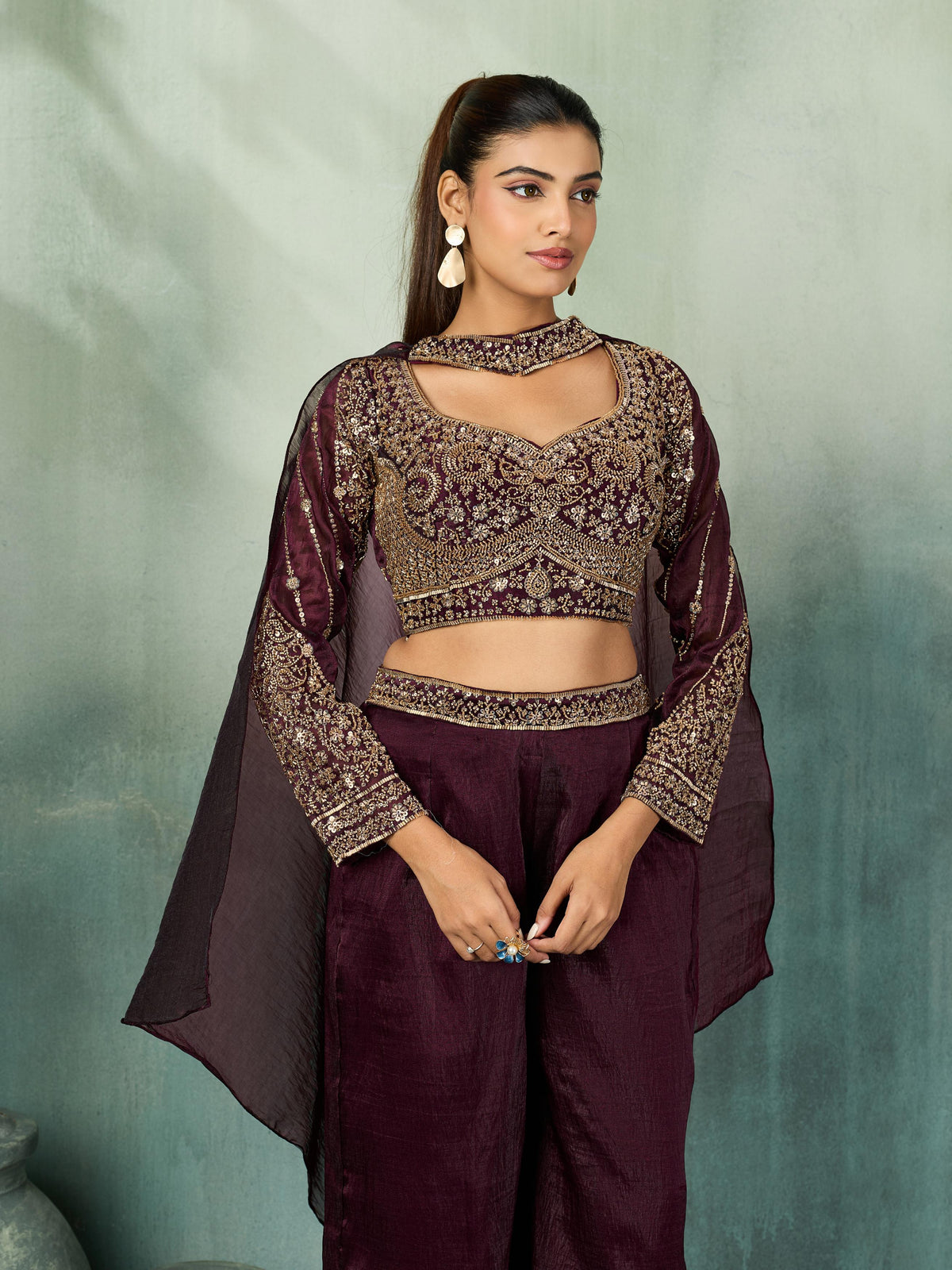 Deep Plum Embellished Shimmer Silk Palazzo Set