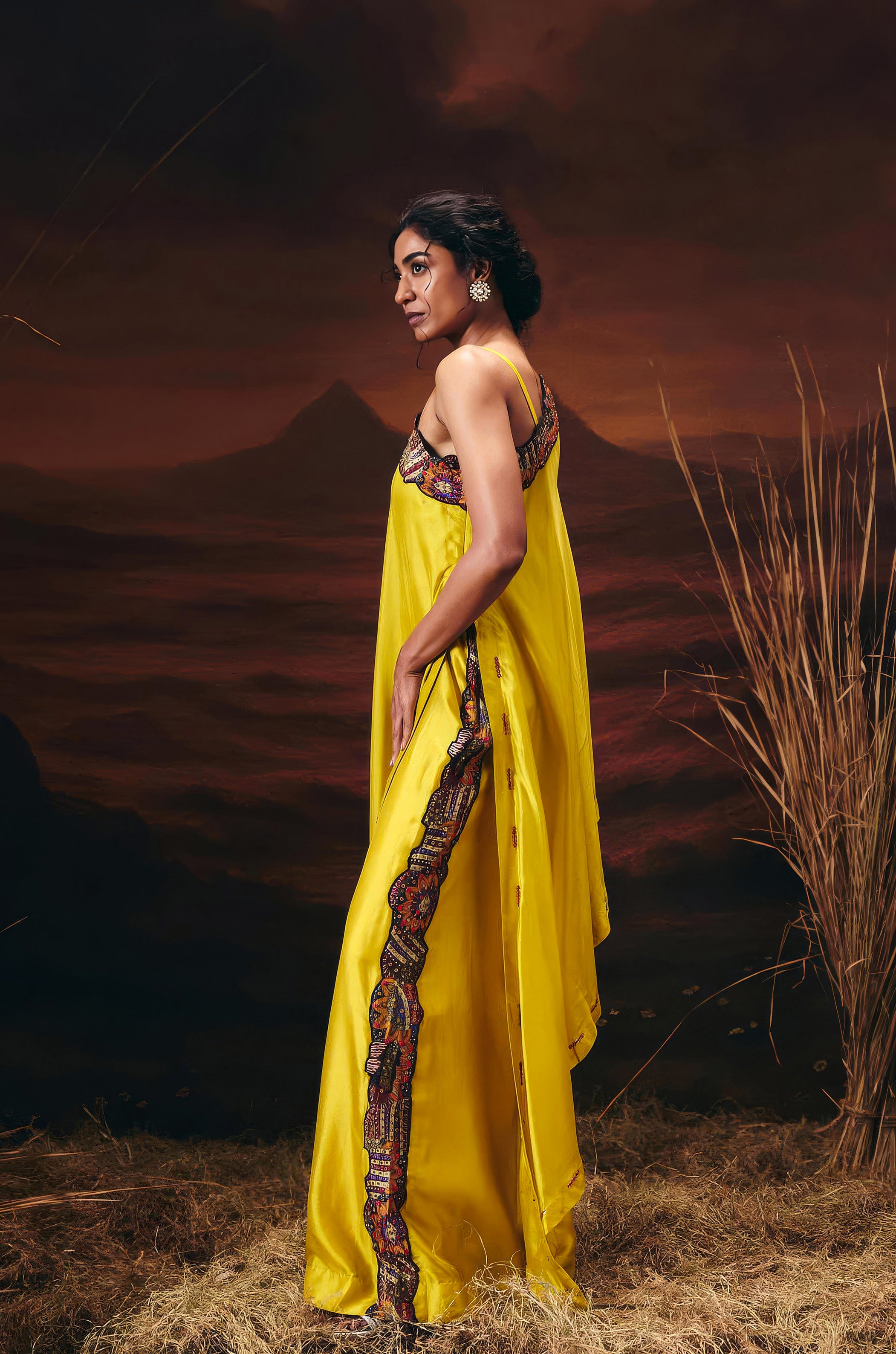 Canary Yellow Embellished Chinon Silk Tunic Set